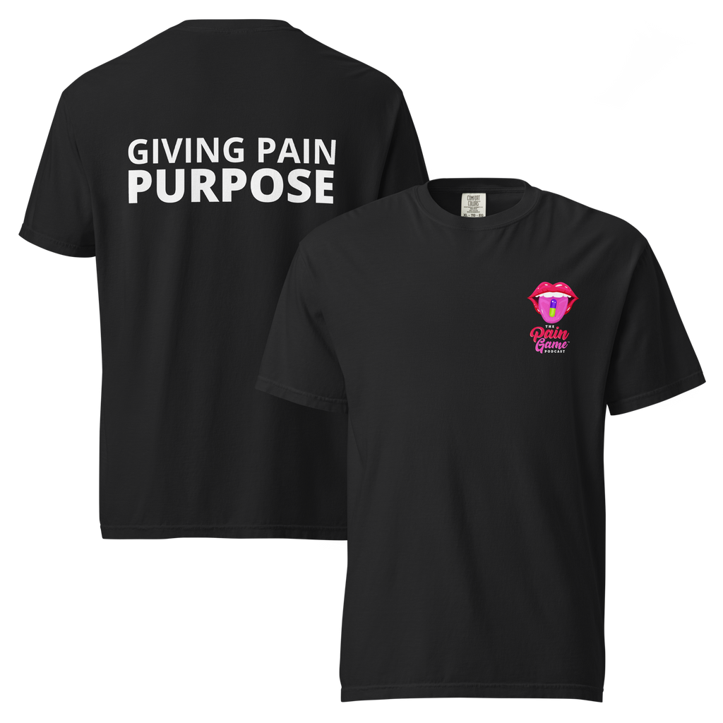 Black Heavy Tee with The Pain Game Podcast graphics, strong statement apparel promoting healing and purpose.