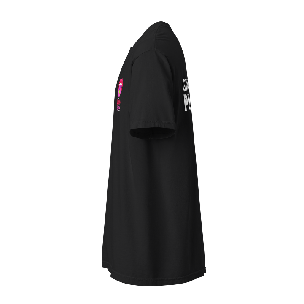 Black Heavy Tee with The Pain Game Podcast graphics, strong statement apparel promoting healing and purpose.