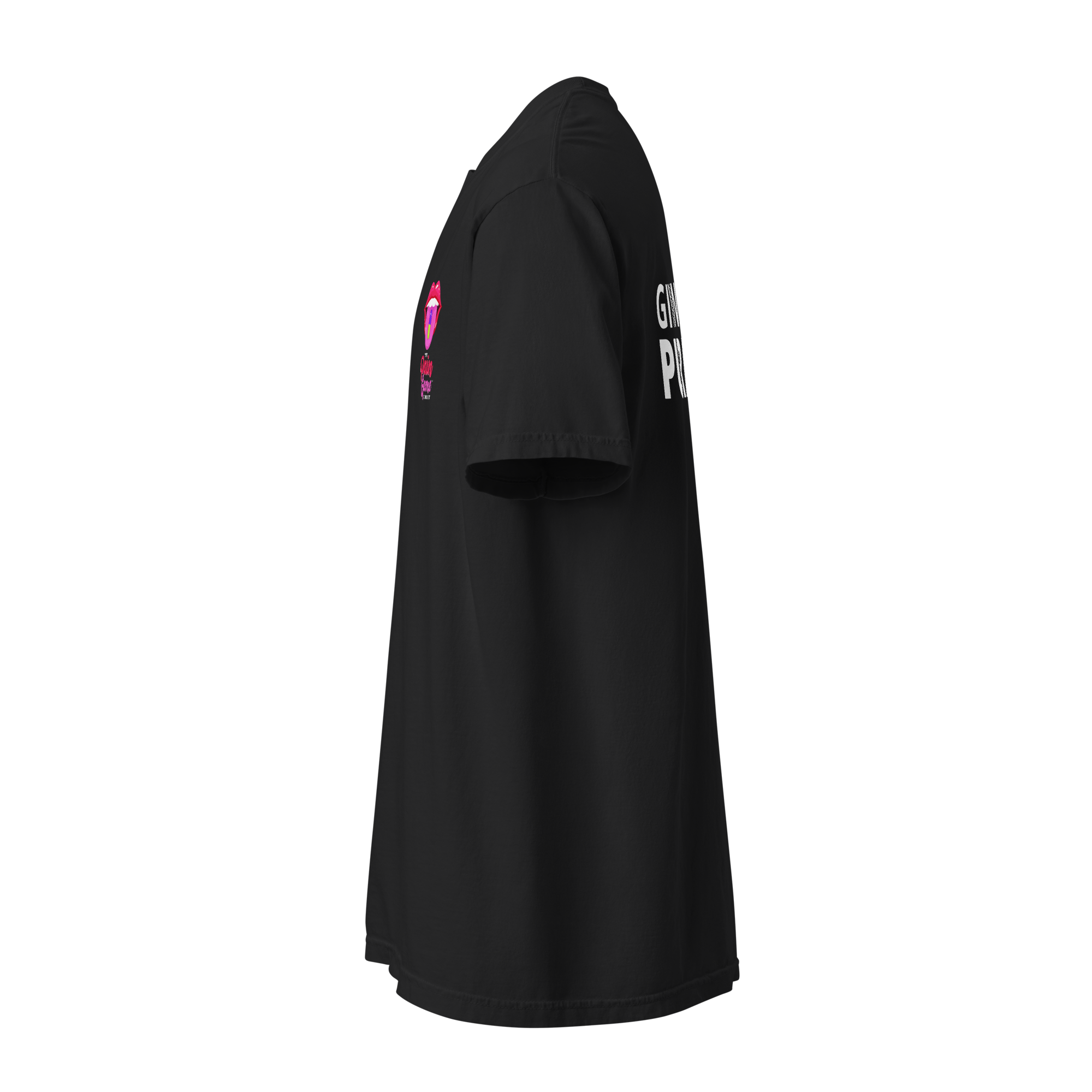 Black Heavy Tee with The Pain Game Podcast graphics, strong statement apparel promoting healing and purpose.