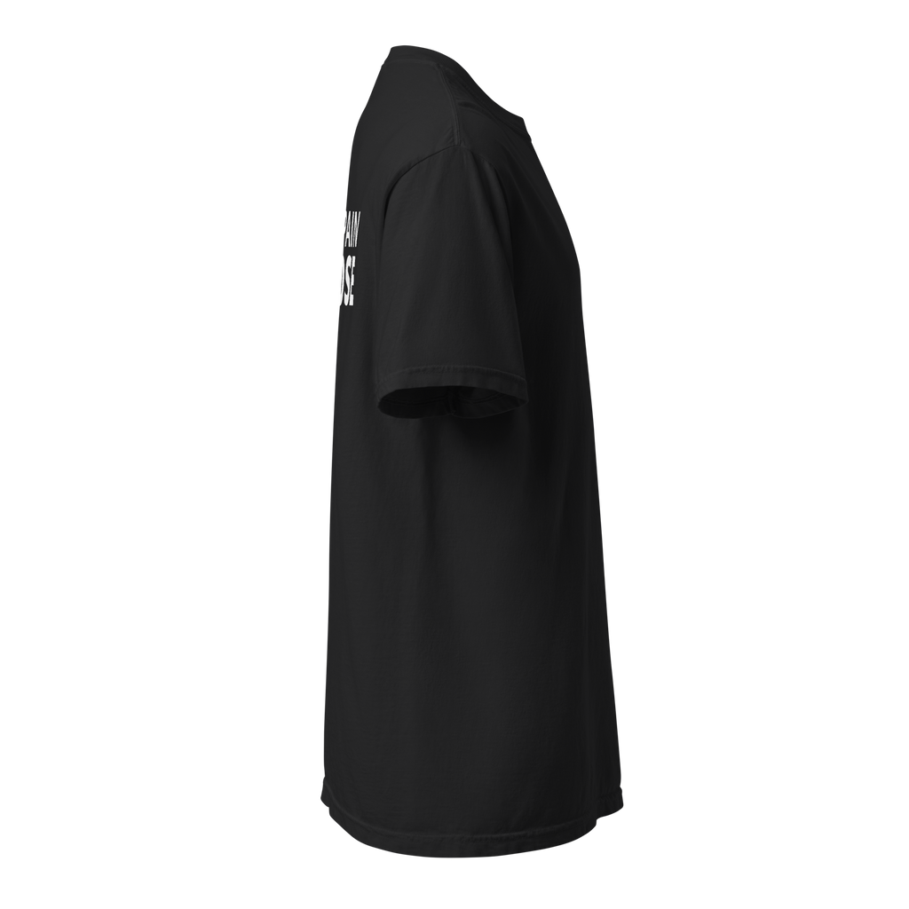 Black Heavy Tee with The Pain Game Podcast graphics, strong statement apparel promoting healing and purpose.