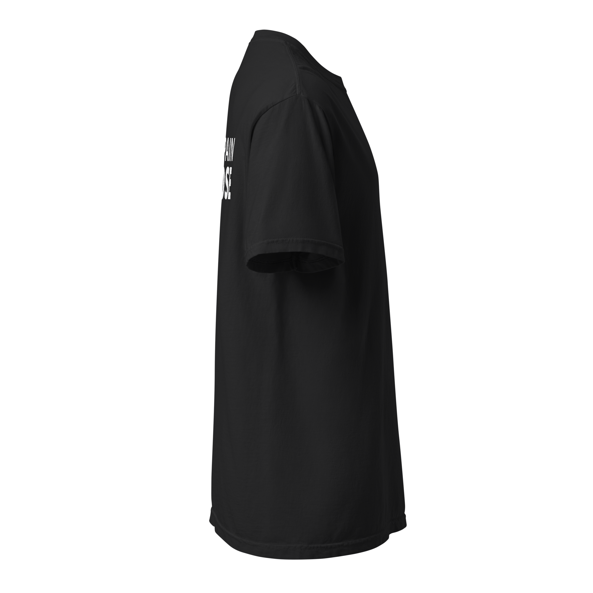 Black Heavy Tee with The Pain Game Podcast graphics, strong statement apparel promoting healing and purpose.