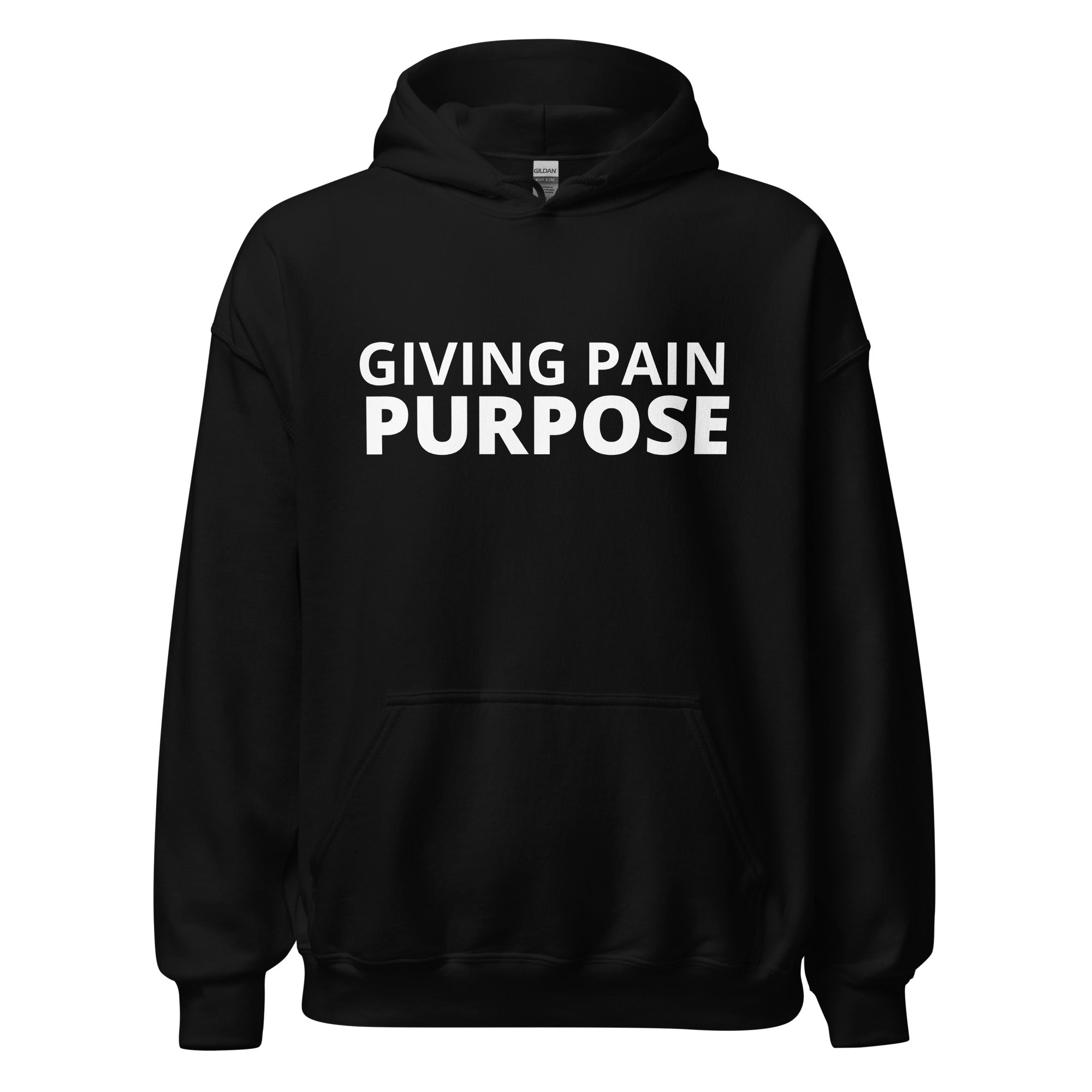 Black Purpose Hoodie with bold The Pain Game Podcast text design, representing resilience and personal power.