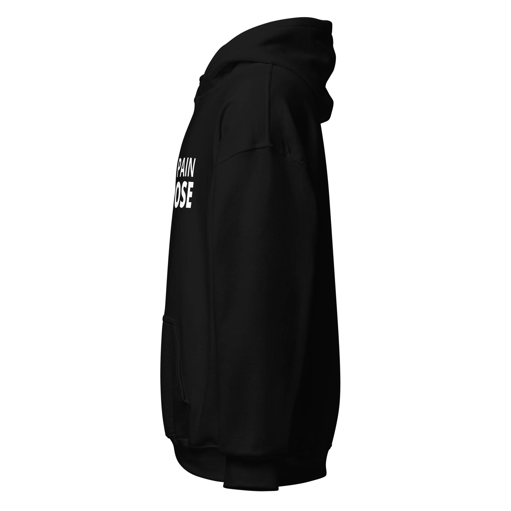 Black Purpose Hoodie with bold The Pain Game Podcast text design, representing resilience and personal power.