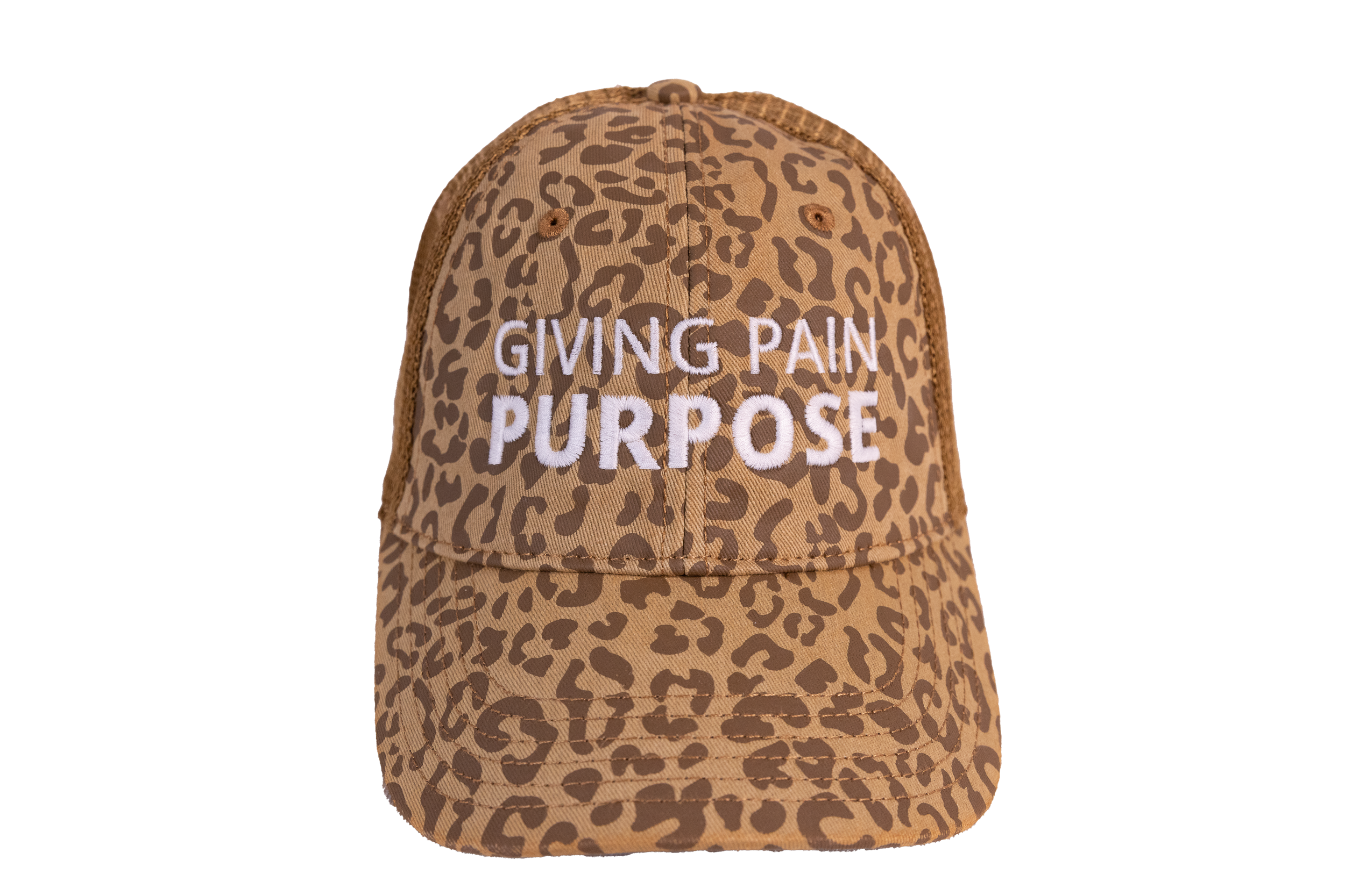 Leopard print cap with 'Giving Pain Purpose' text on a white background