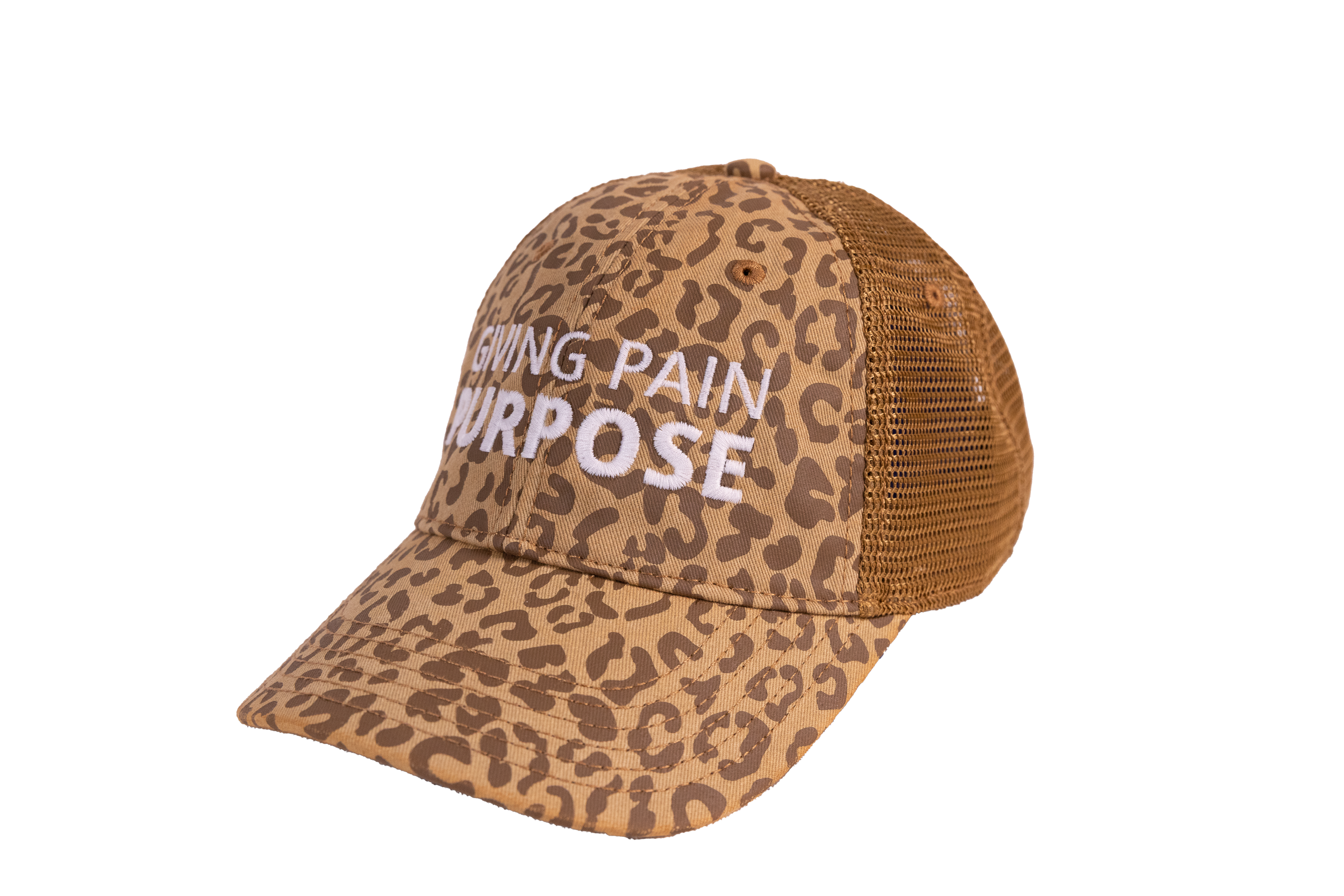 Leopard print cap with 'Giving Pain for Purpose' text on a white background