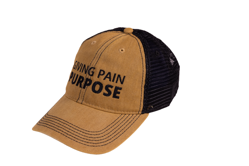 Brown and black cap with 'Giving Pain Purpose' text on a white background