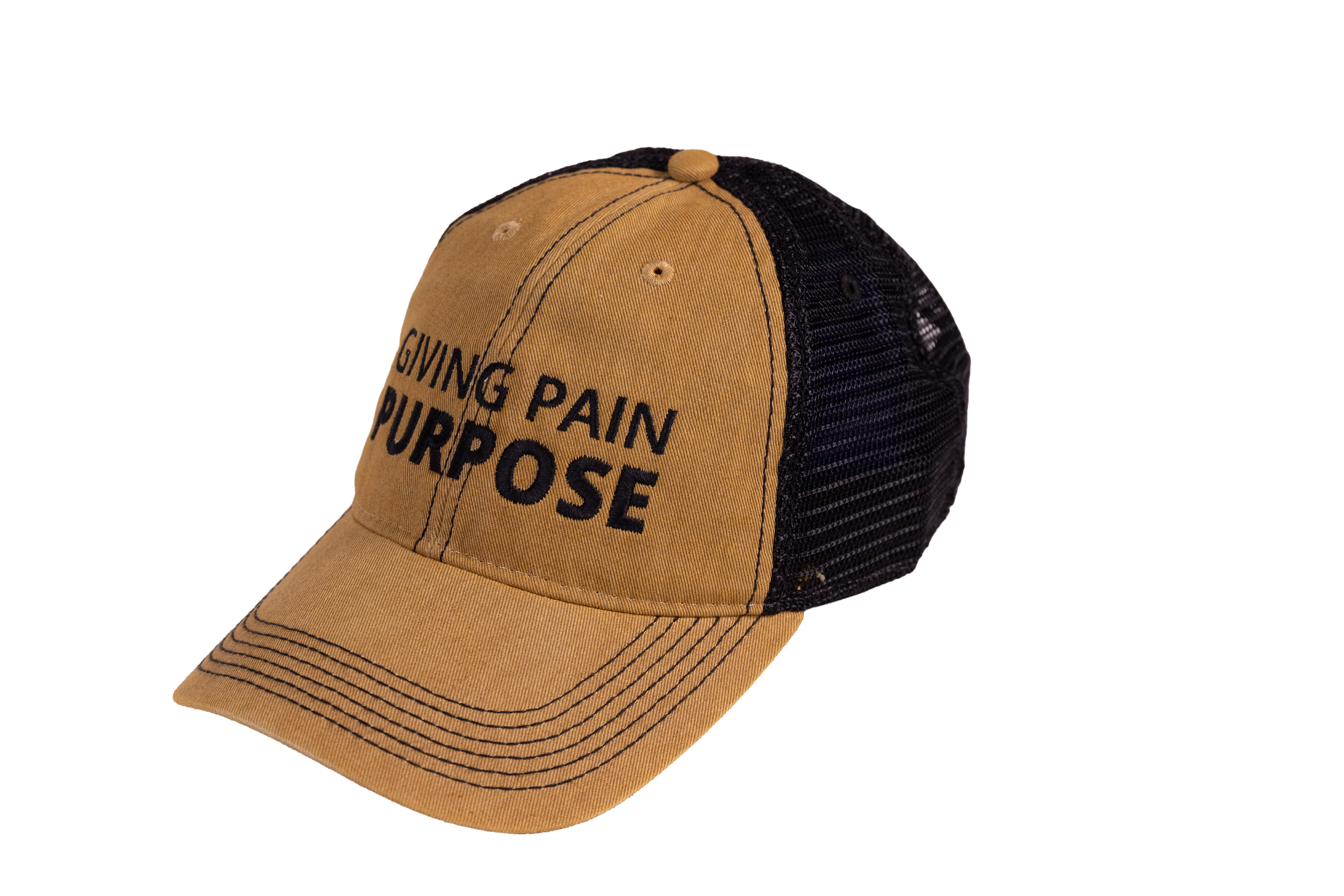 Brown and black cap with 'Giving Pain Purpose' text on a white background