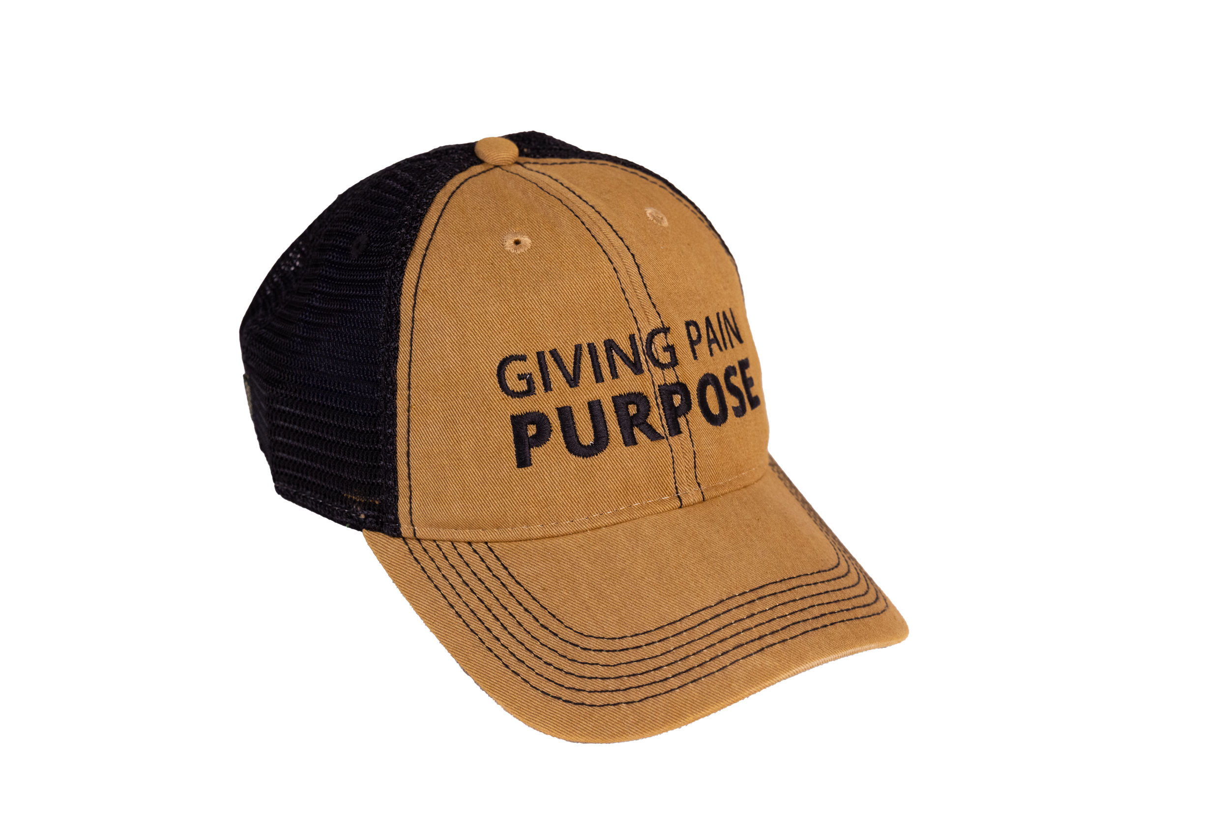 Brown and black cap with 'Giving Pain Purpose' text on a white background