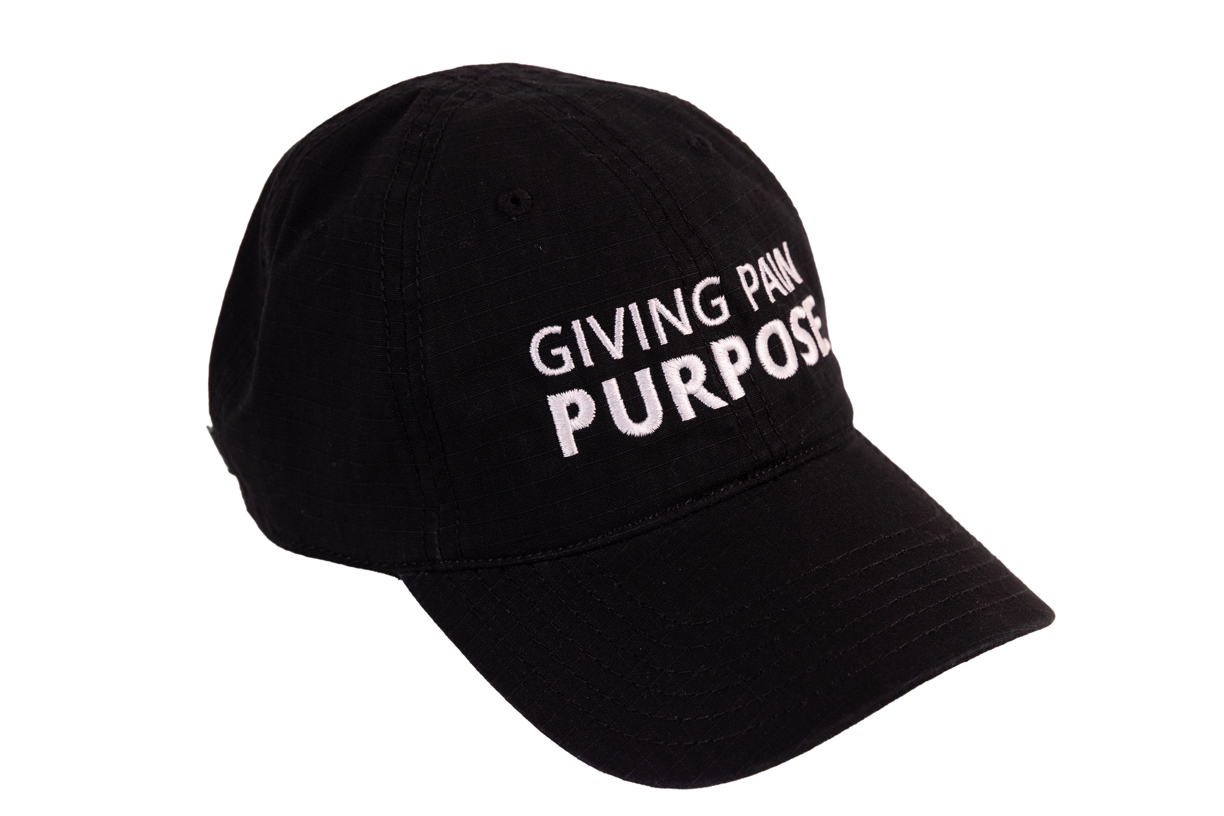 Black cap with 'Giving Pain Purpose' text on a white background