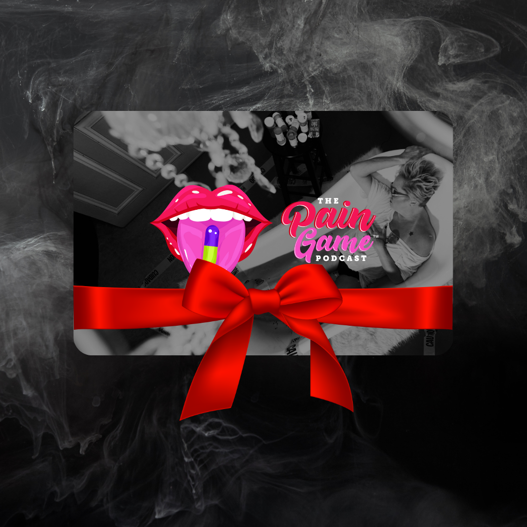 The Pain Game Podcast digital gift card featuring bold lips logo and vibrant signature colors.