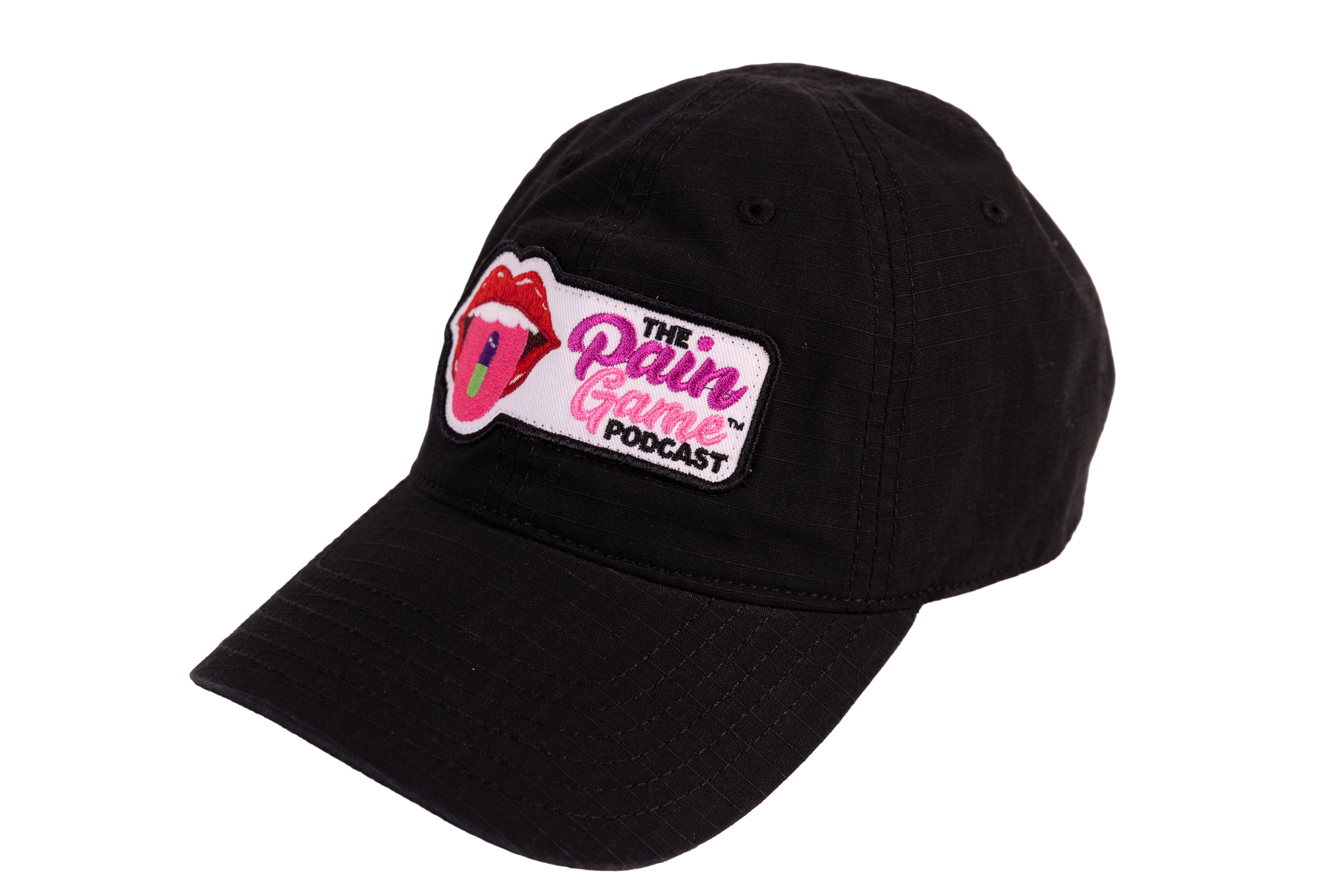 Black cap with 'The Pain Game Podcast' logo on a white background