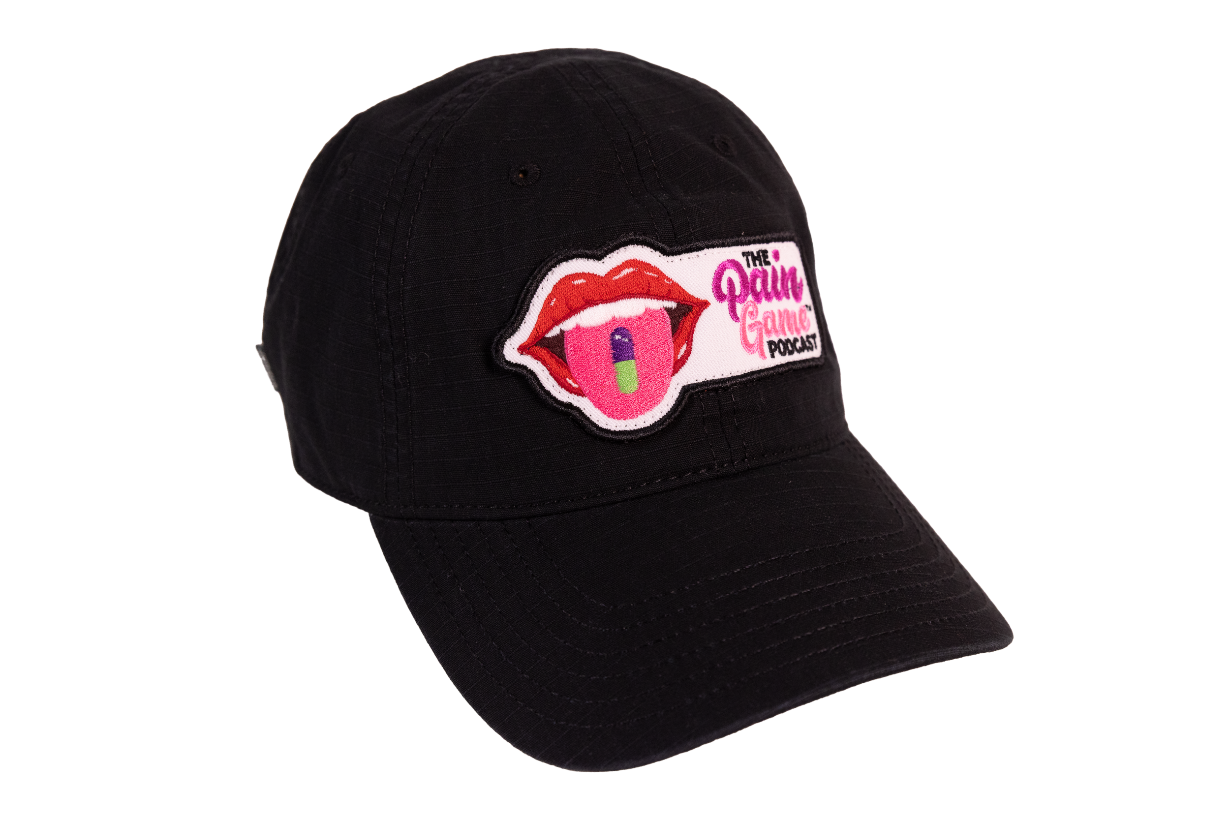 Black cap with a logo featuring lips and text on a white background