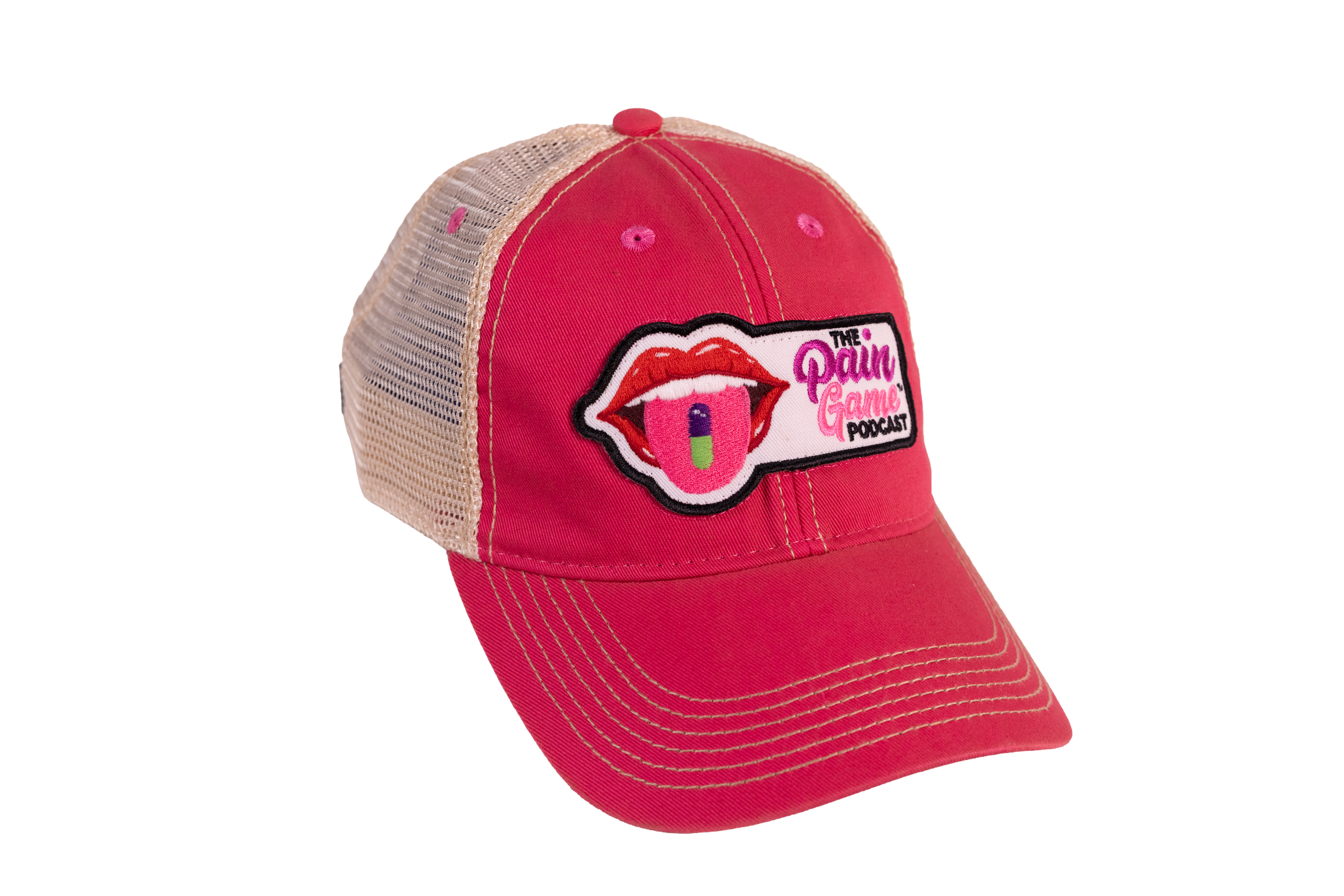 Red cap with a graphic and text on a white background