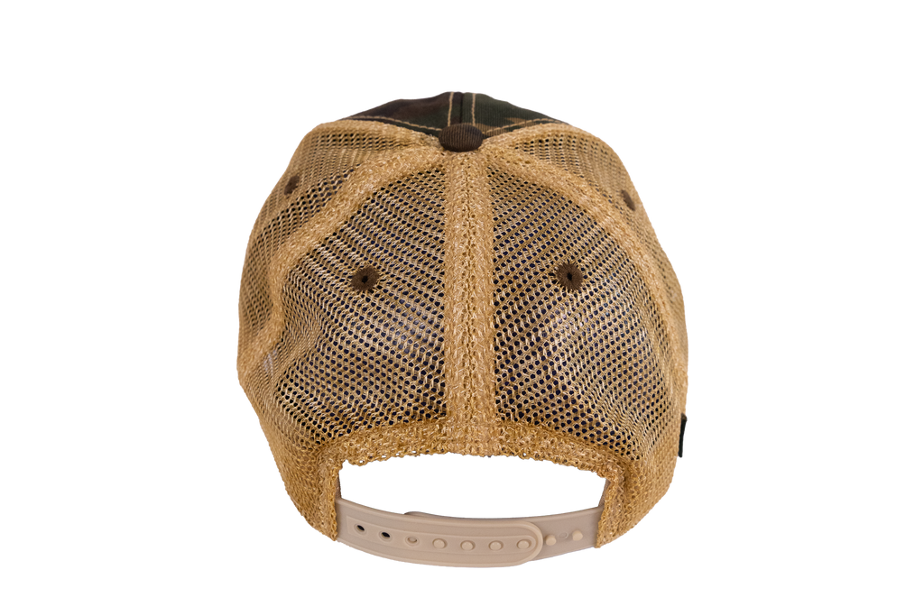 Beige mesh cap with black visor on a white background