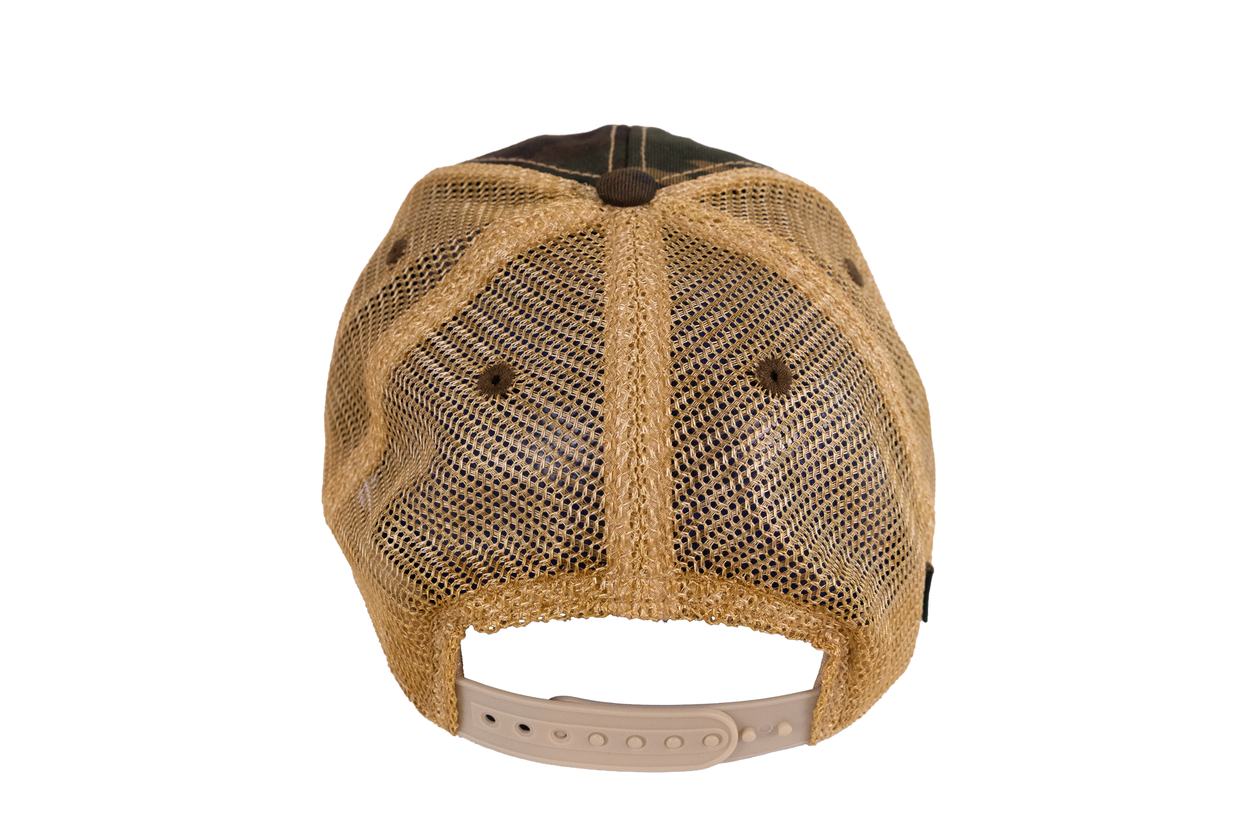 Beige mesh cap with black visor on a white background