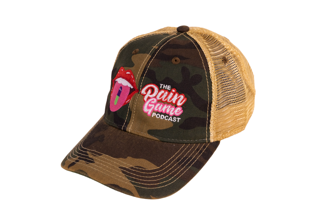 Camouflage baseball cap with 'The Pain Game Podcast' logo on a white background
