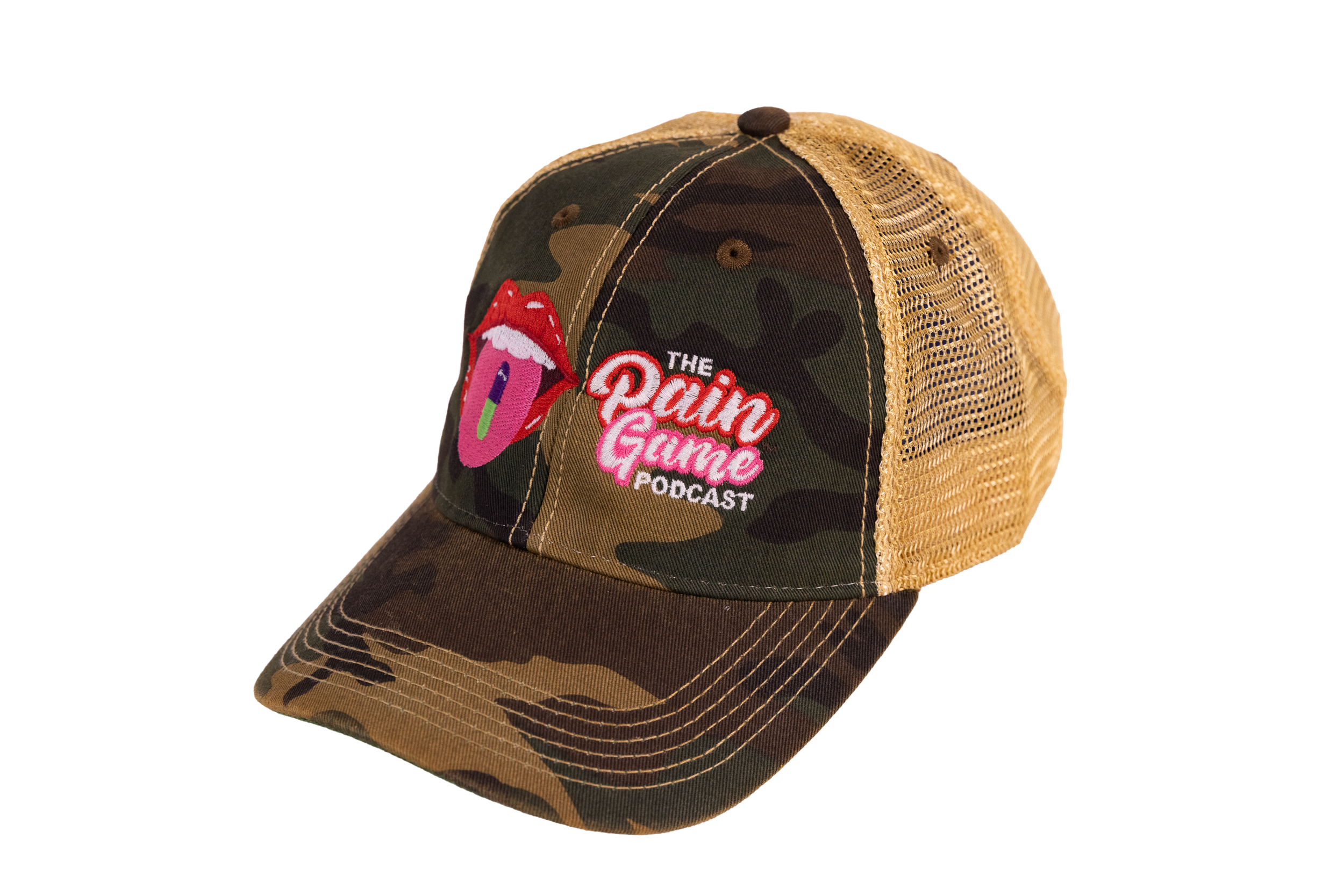 Camouflage baseball cap with 'The Pain Game Podcast' logo on a white background
