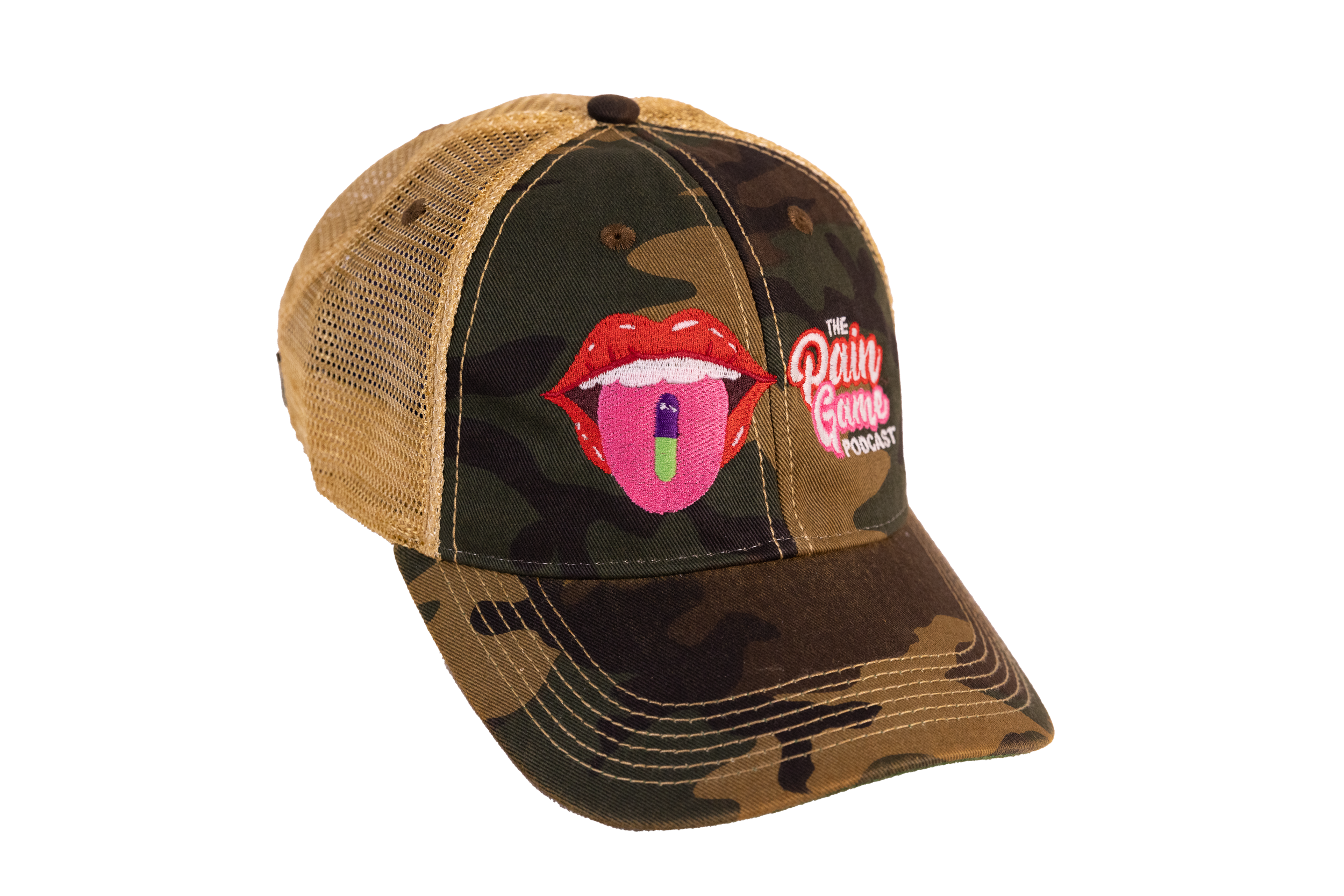 Camouflage cap with a graphic of red lips and a pink object, featuring 'The Pain Game Podcast' logo.