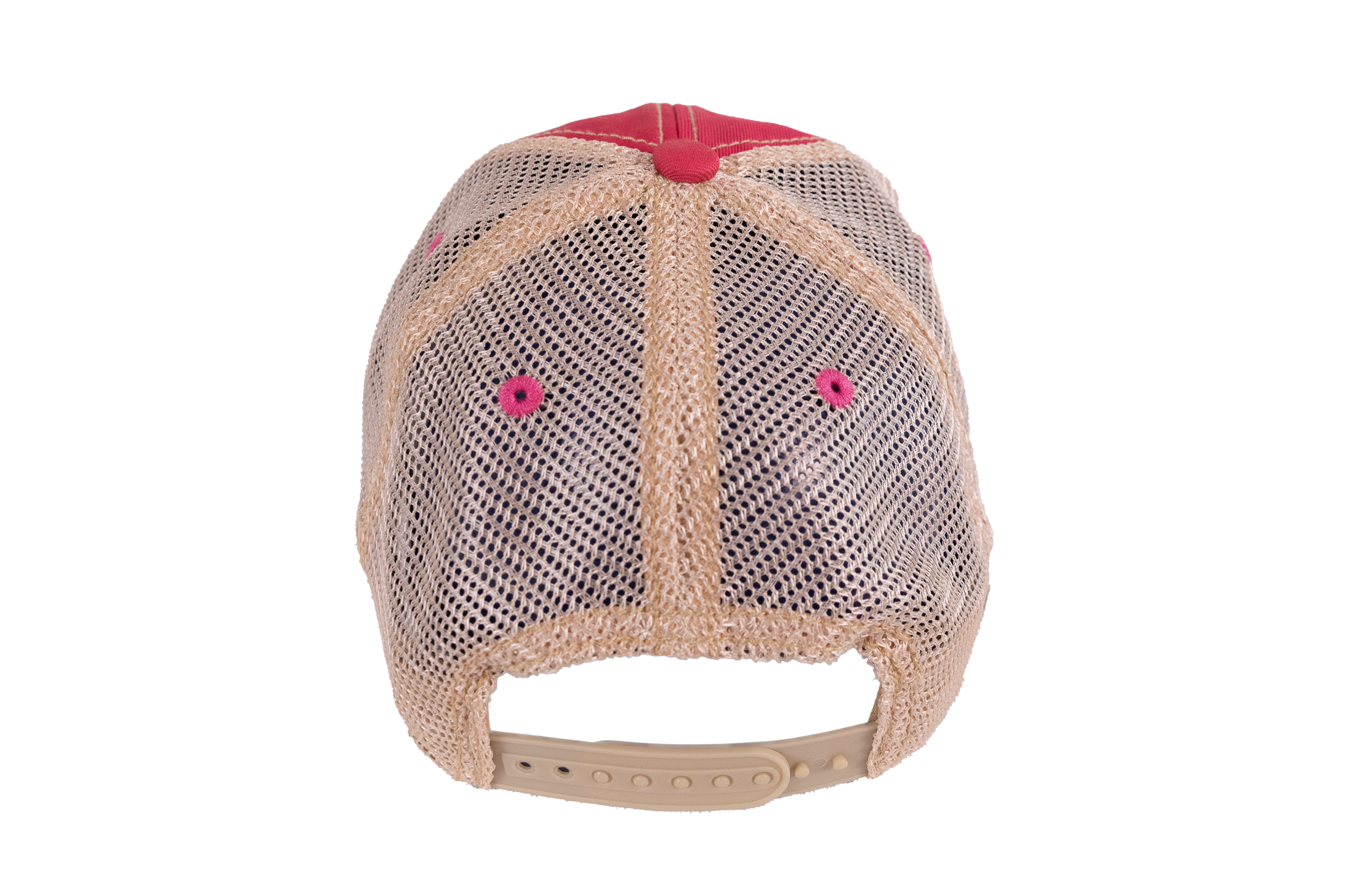 Beige mesh cap with pink accents on a white background