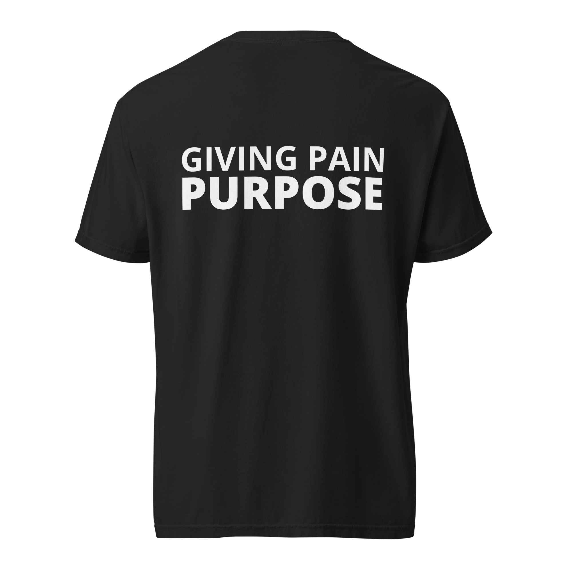 Black Heavy Tee with The Pain Game Podcast graphics, strong statement apparel promoting healing and purpose.