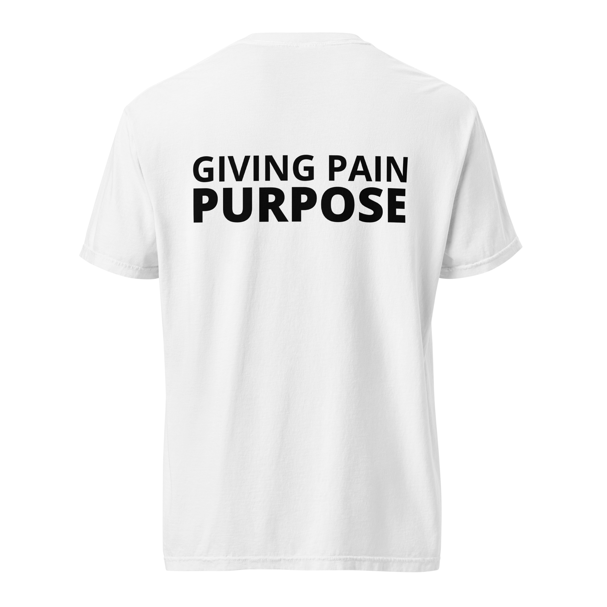 White Heavy Tee featuring the The Pain Game Podcast design, bold empowerment apparel for everyday wear.