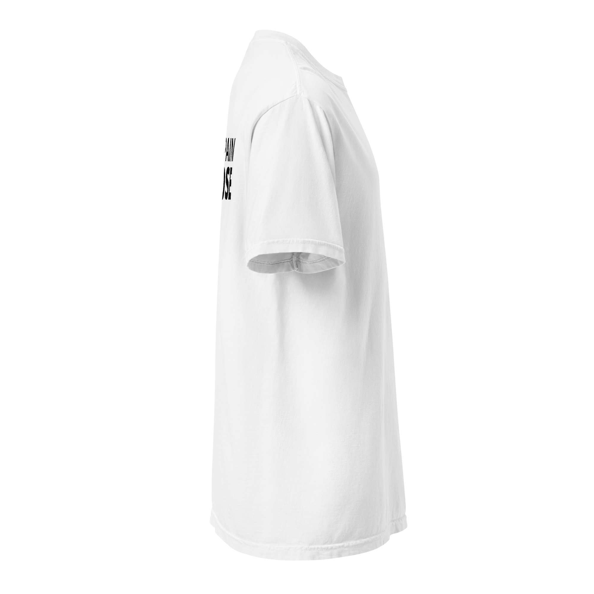 White Heavy Tee featuring the The Pain Game Podcast design, bold empowerment apparel for everyday wear.
