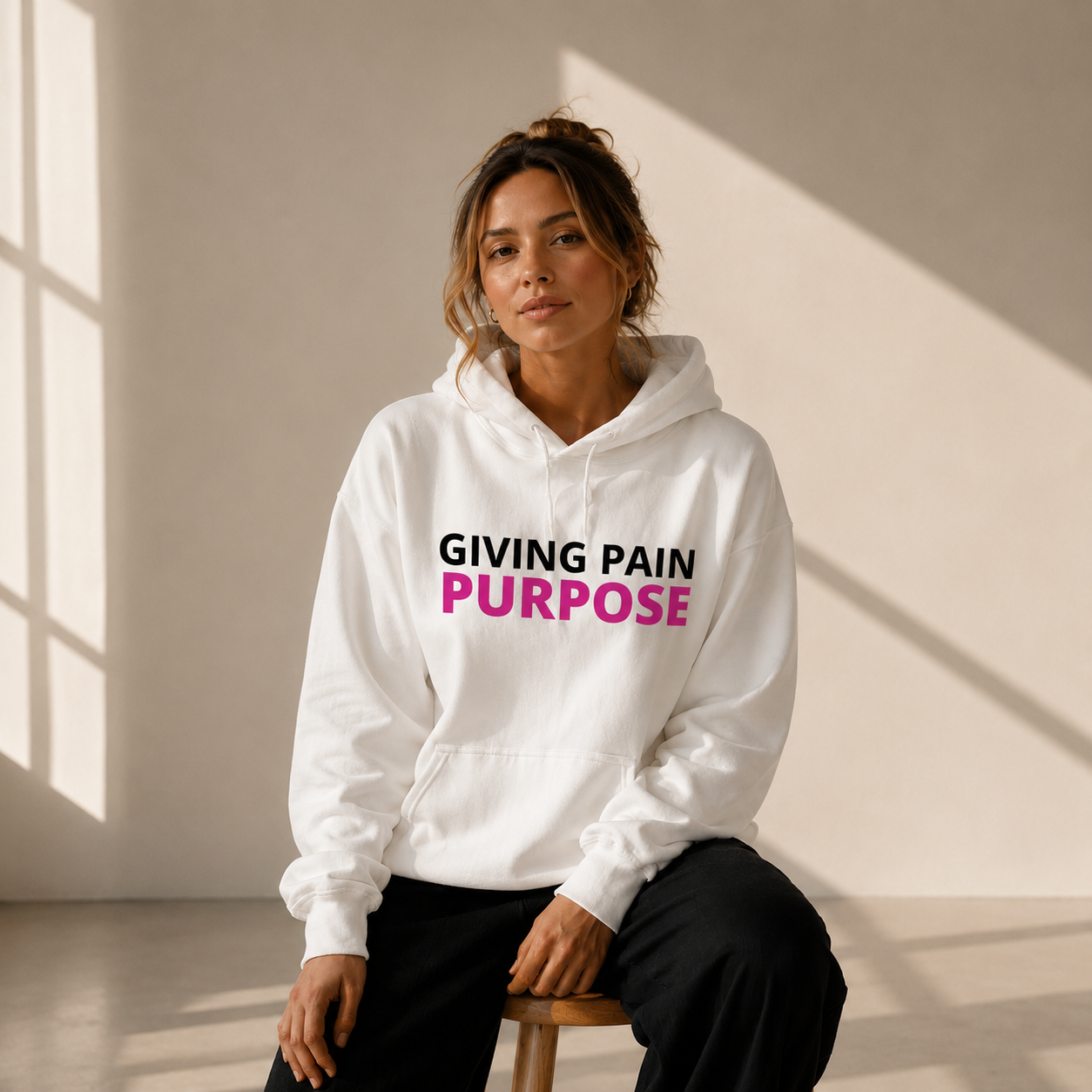 the soft power hoodie white giving pain purpose