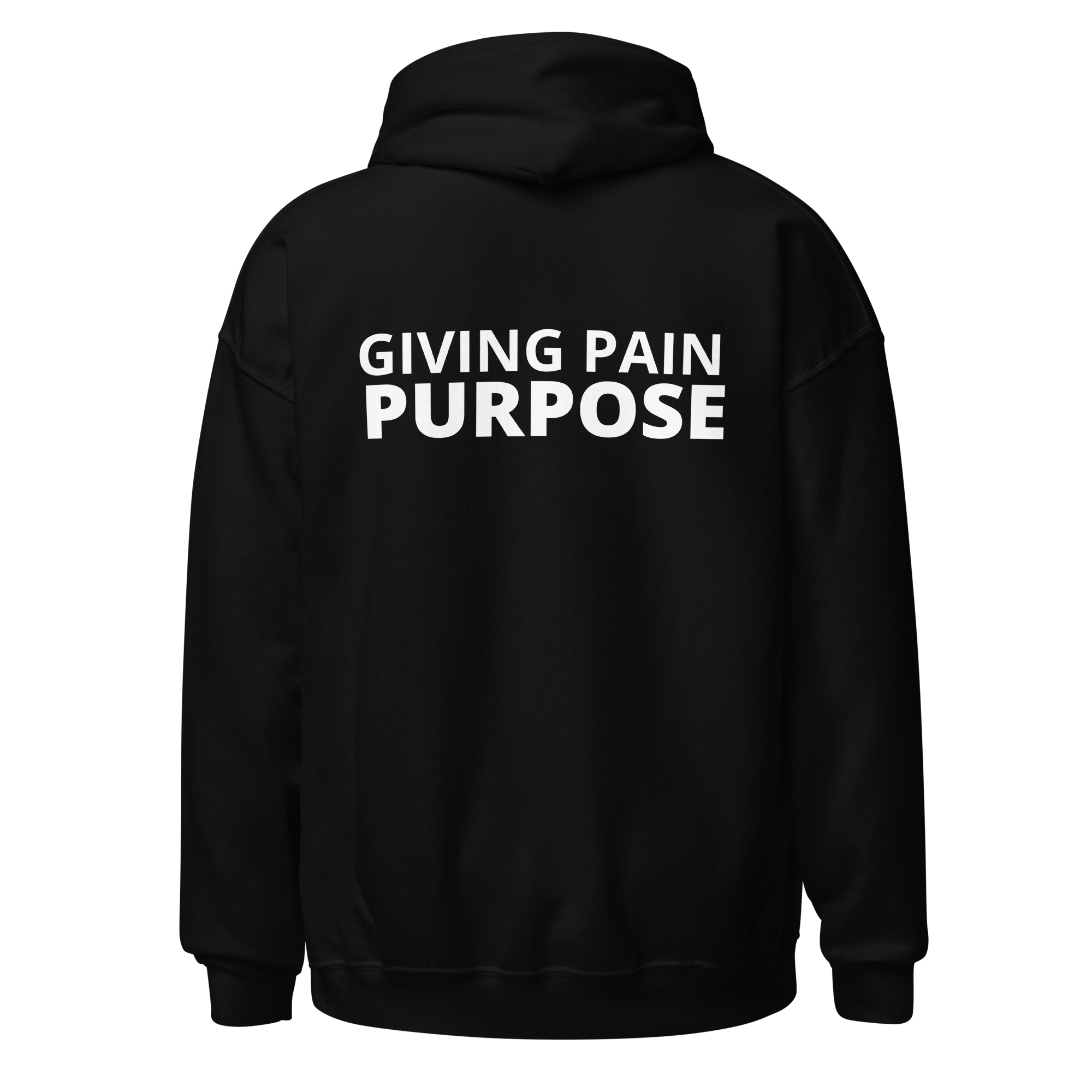 Black Statement Hoodie with empowering The Pain Game Podcast design, bold streetwear for resilient individuals.