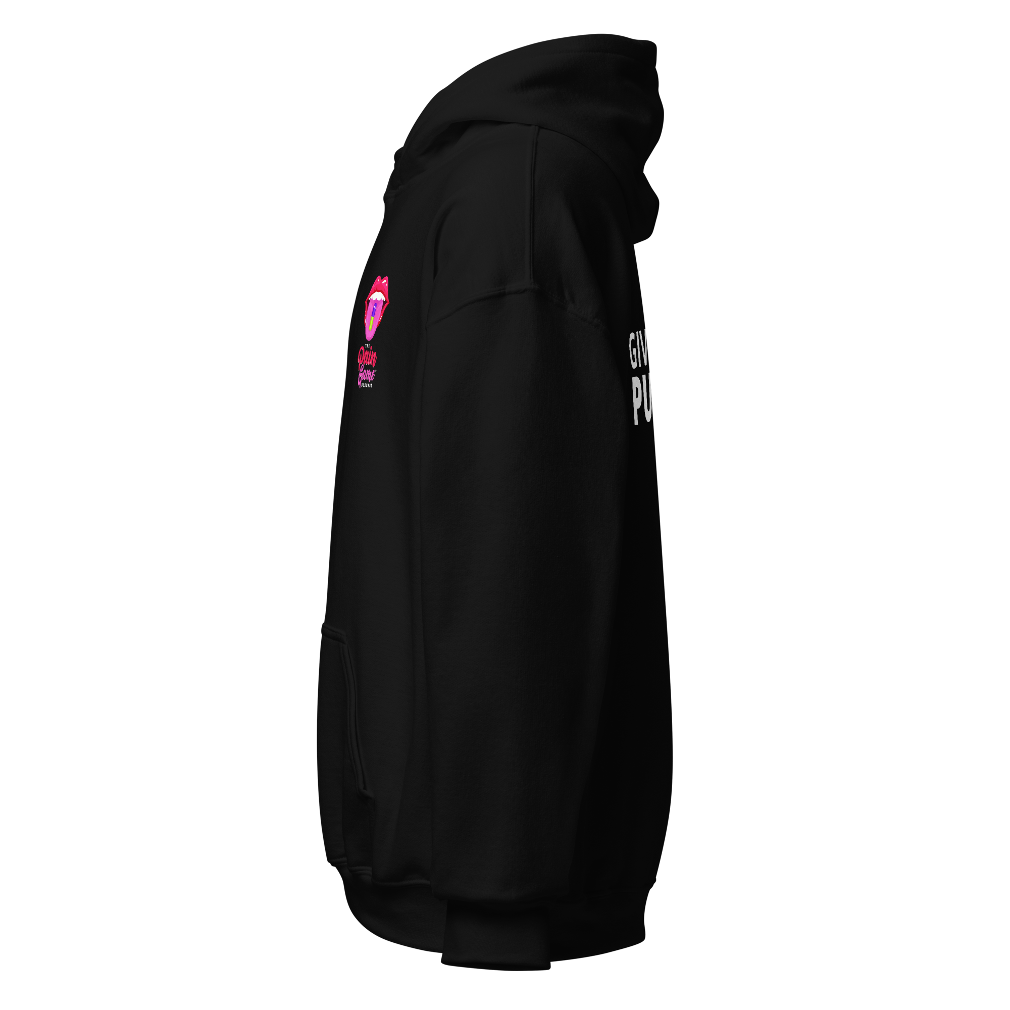 Black Statement Hoodie with empowering The Pain Game Podcast design, bold streetwear for resilient individuals.