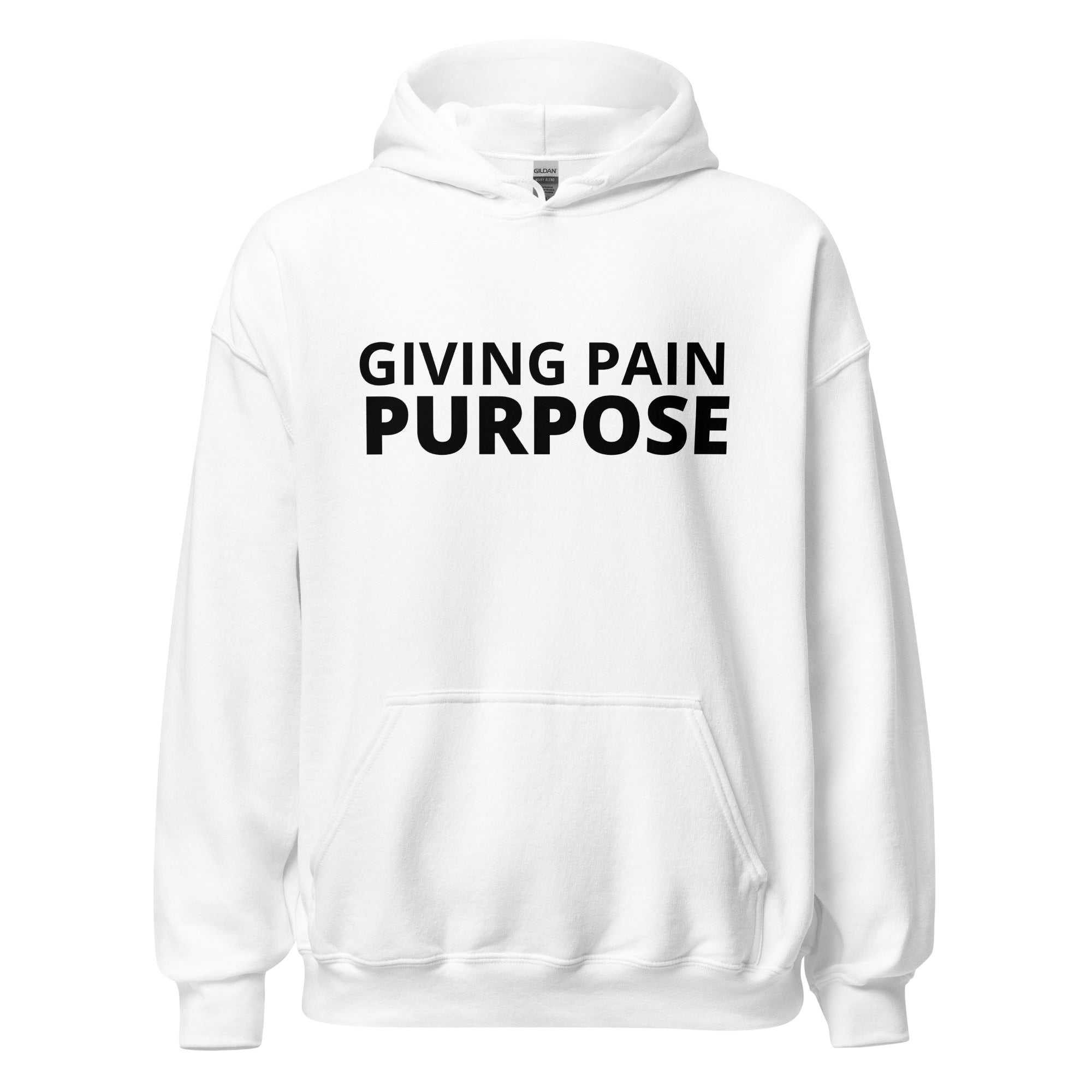 White Purpose Hoodie featuring The Pain Game Podcast artwork, empowering comfort wear.