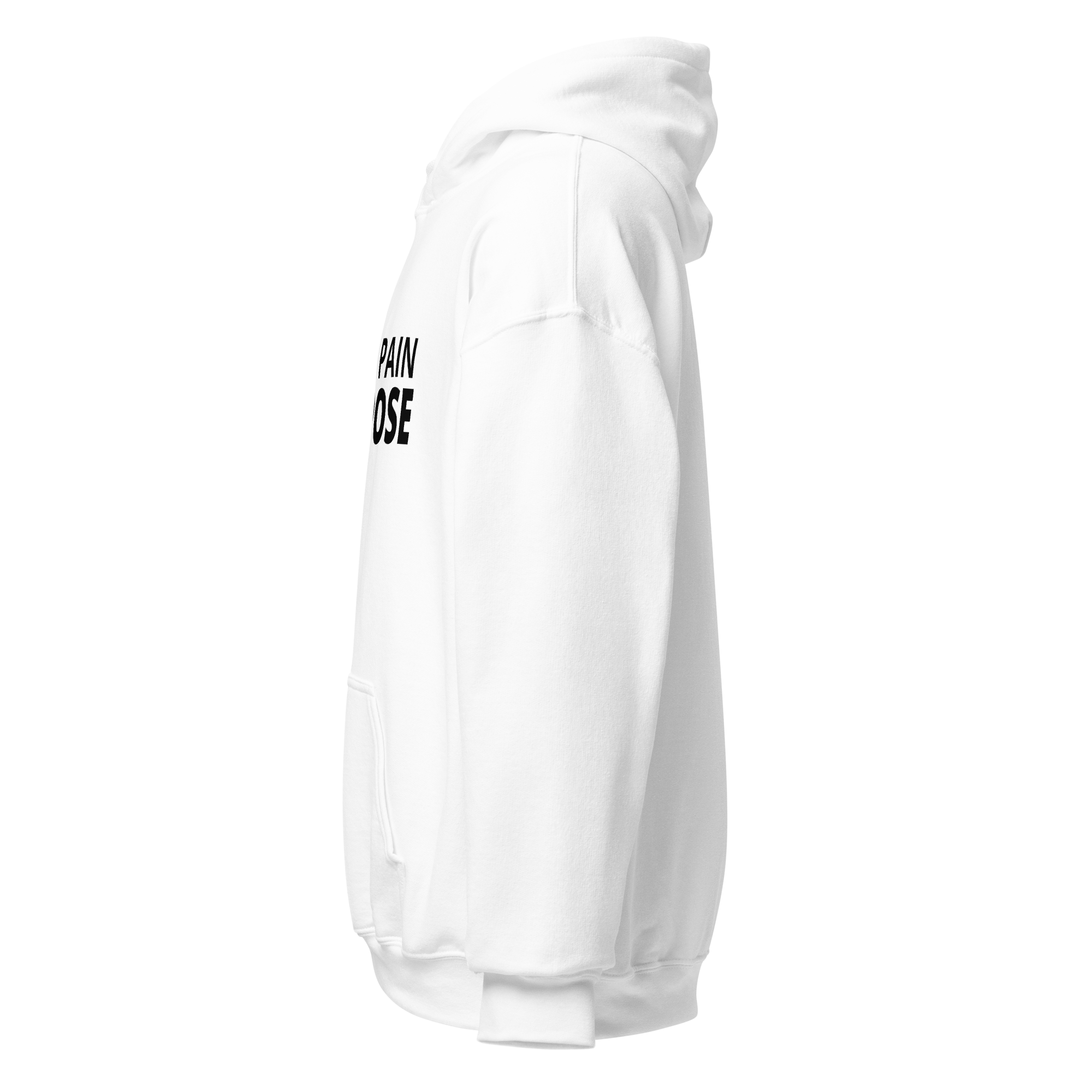 White Purpose Hoodie featuring The Pain Game Podcast artwork, empowering comfort wear.