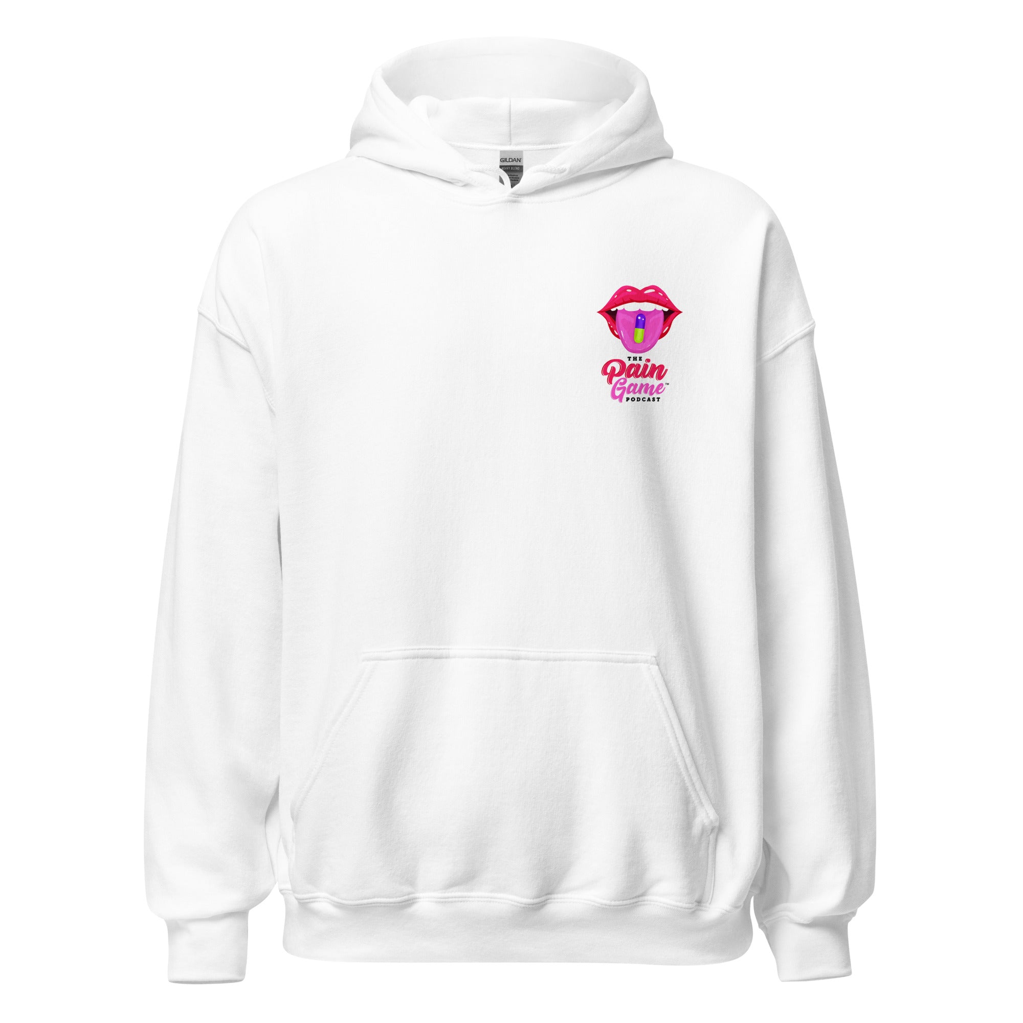 White Statement Hoodie with bold The Pain Game Podcast messaging, designed for confidence and self-expression.