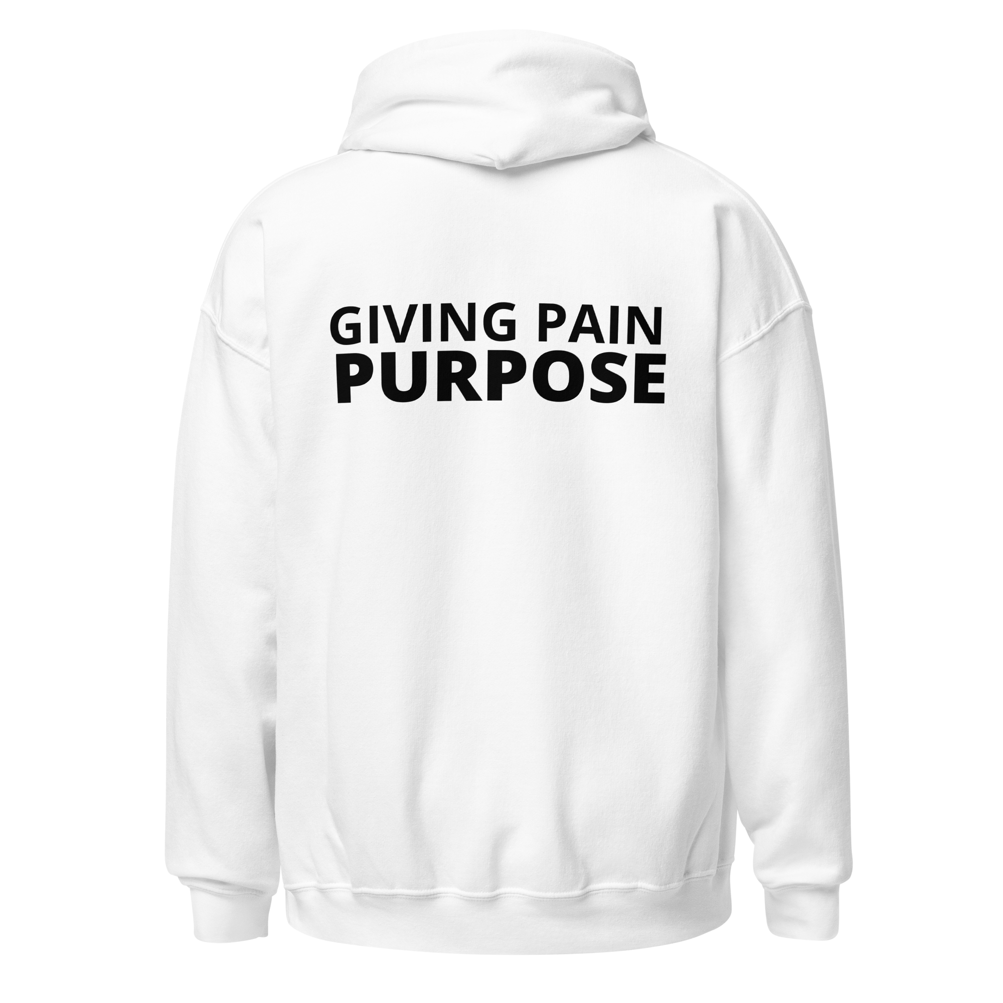 White Statement Hoodie with bold The Pain Game Podcast messaging, designed for confidence and self-expression.