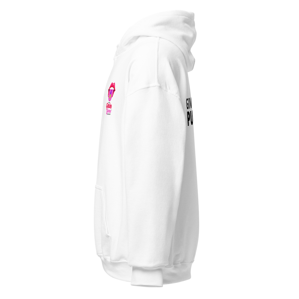 White Statement Hoodie with bold The Pain Game Podcast messaging, designed for confidence and self-expression.