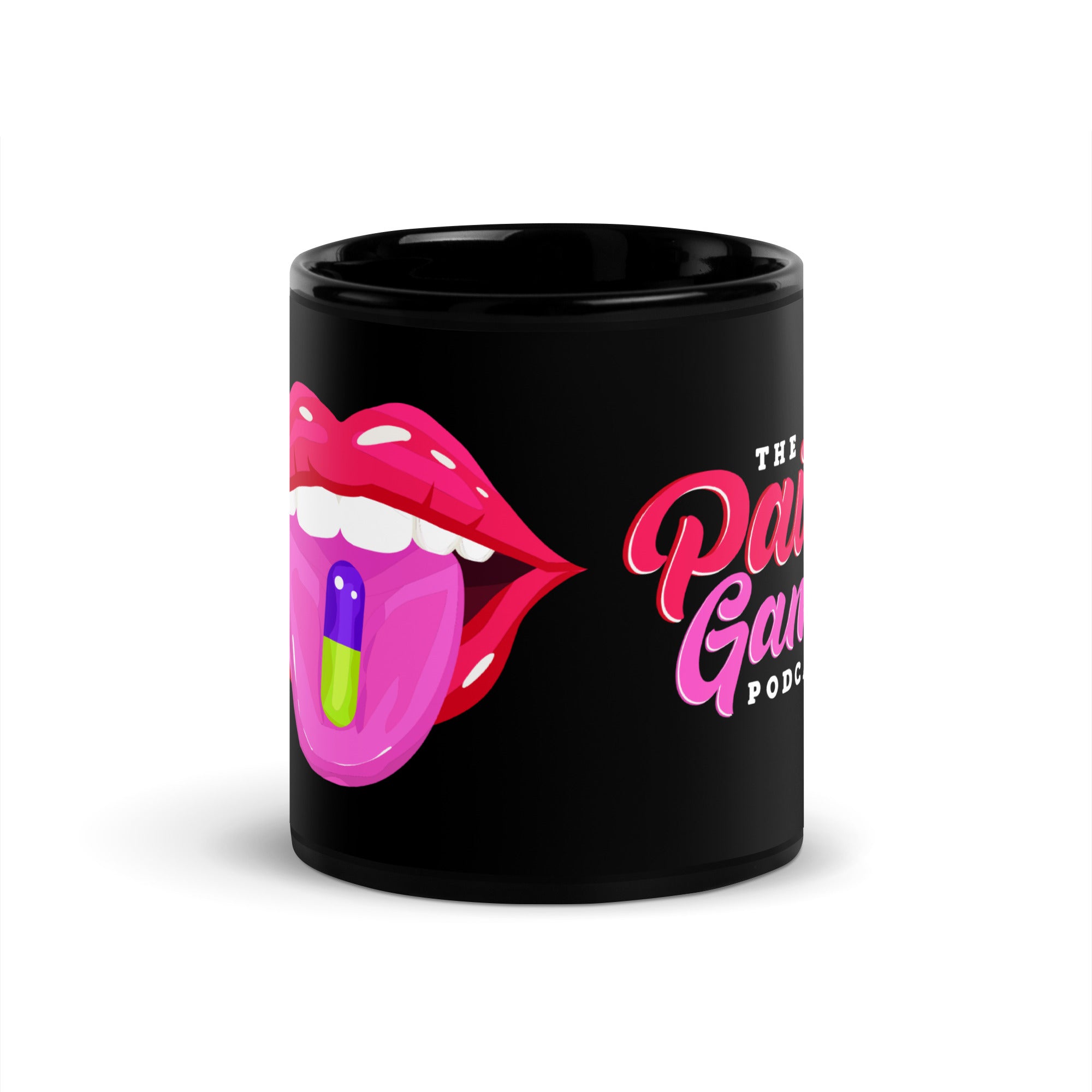 Black ceramic The Pain Game Podcast mug with vibrant lips logo, symbolizing strength and resilience.