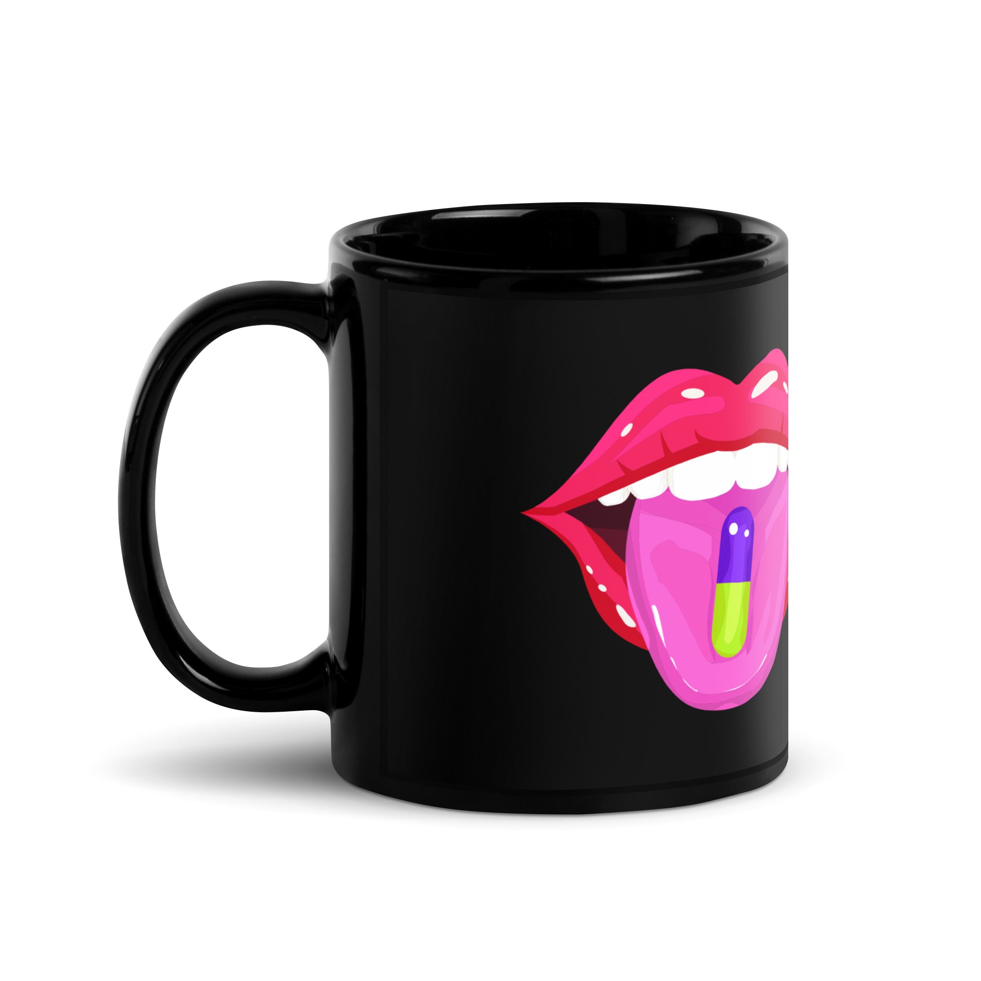 Black ceramic The Pain Game Podcast mug with vibrant lips logo, symbolizing strength and resilience.