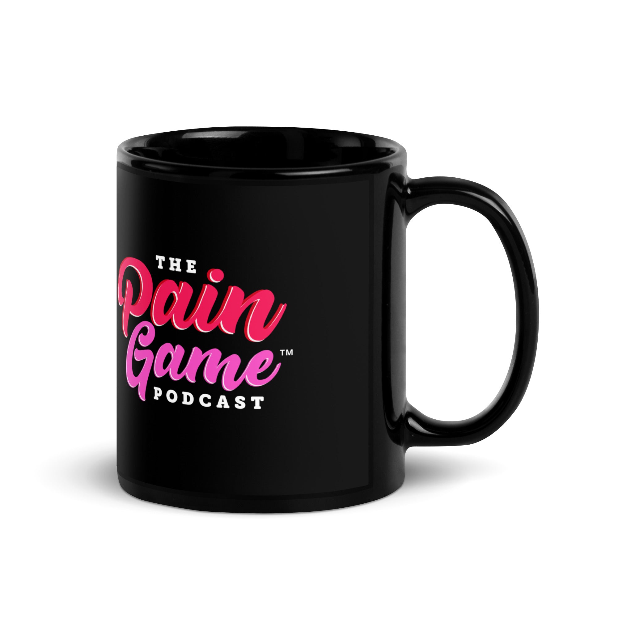 Black ceramic The Pain Game Podcast mug with vibrant lips logo, symbolizing strength and resilience.