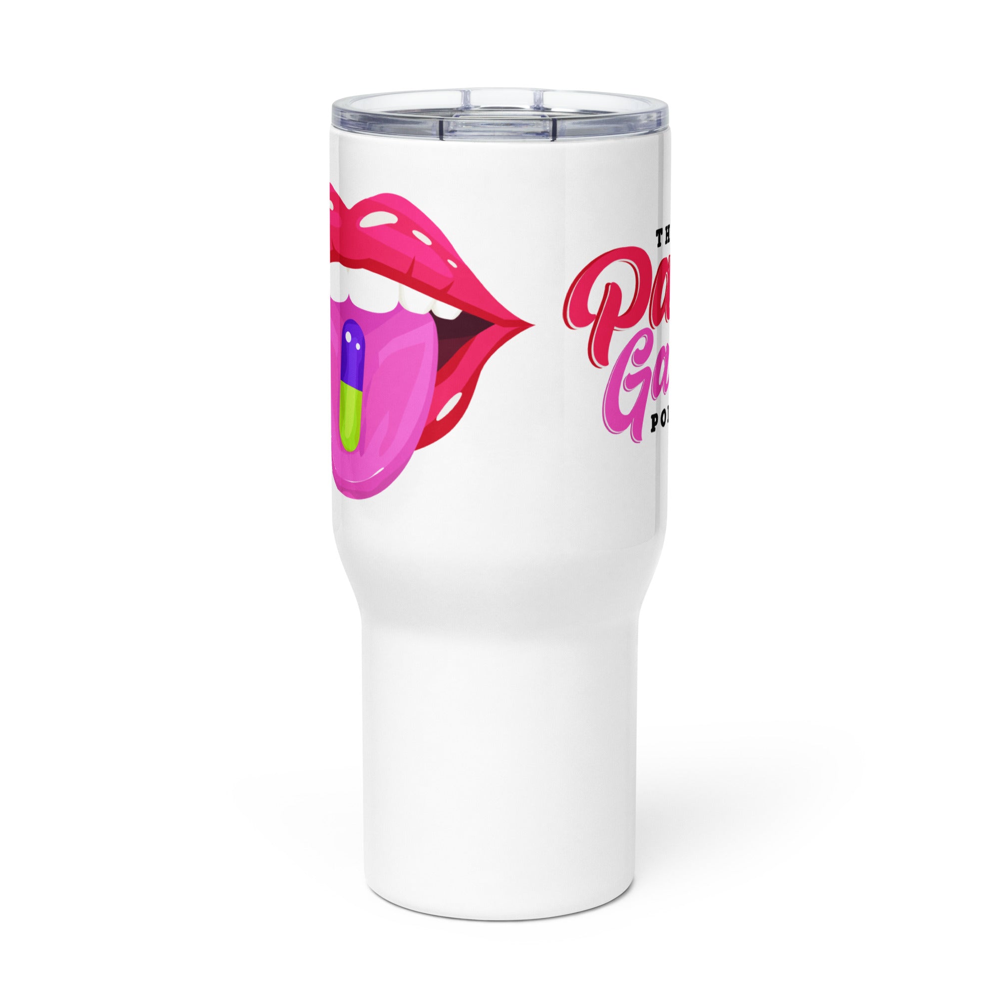 White The Pain Game Podcast travel mug with bold lips logo, designed for daily motivation on the go.