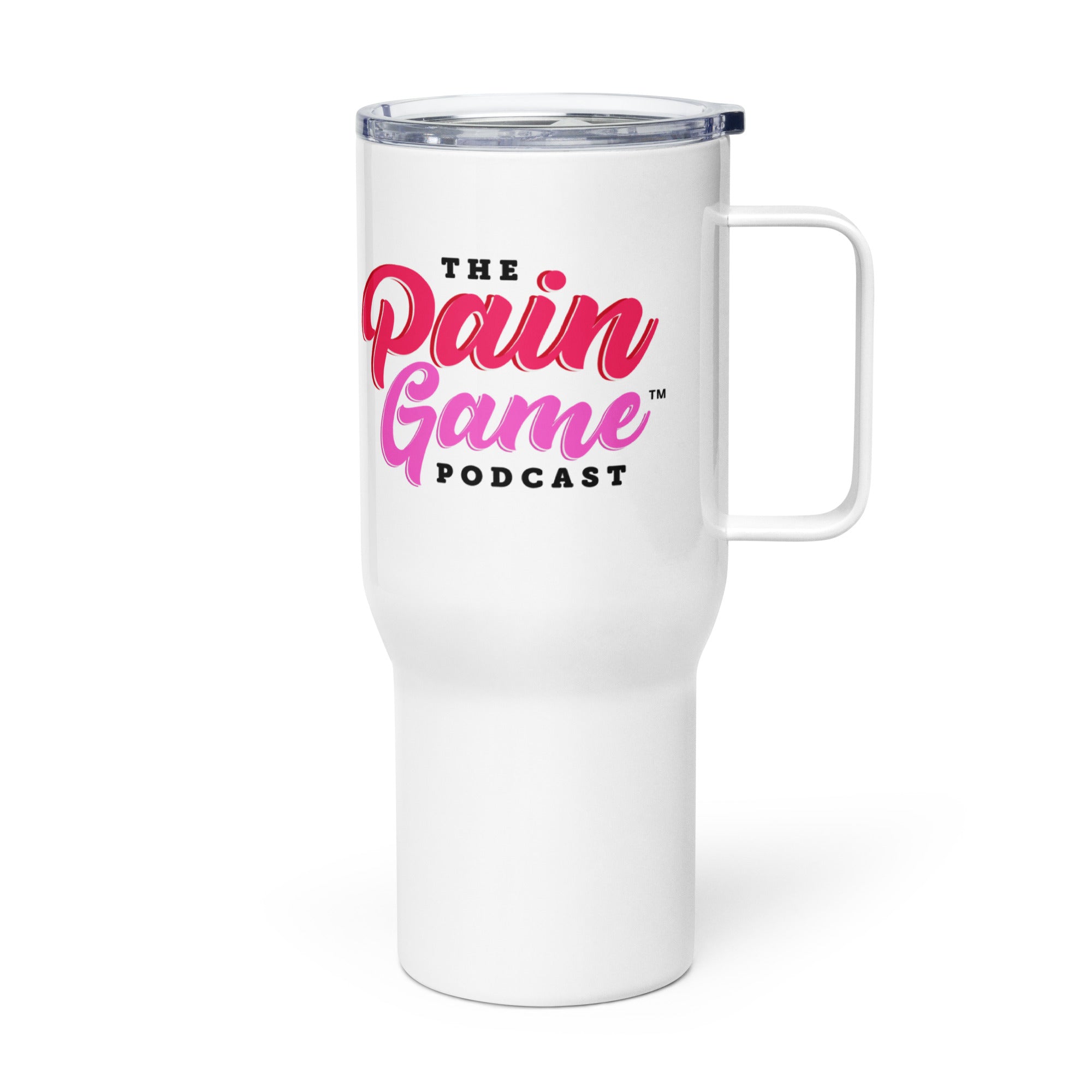 White The Pain Game Podcast travel mug with bold lips logo, designed for daily motivation on the go.