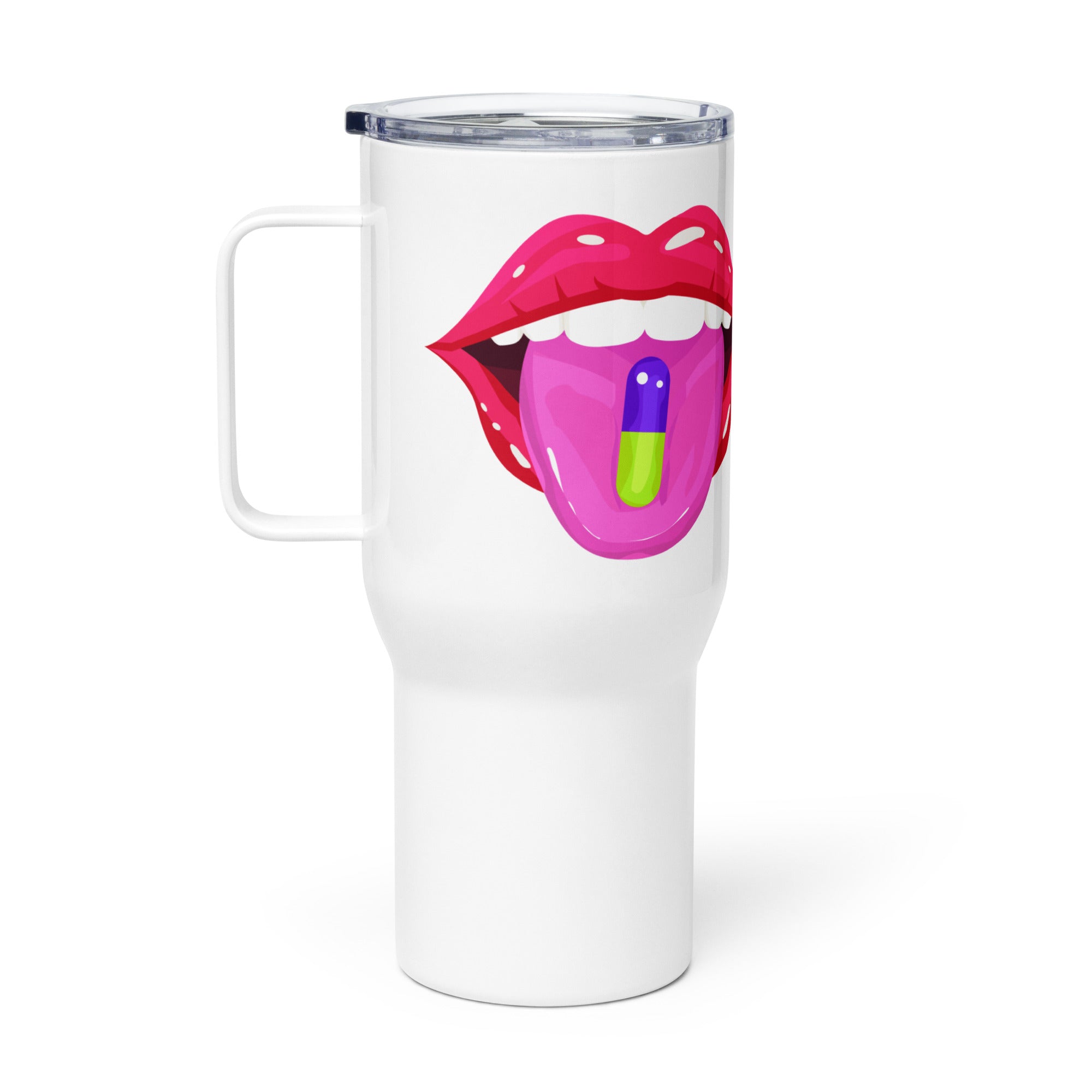 White The Pain Game Podcast travel mug with bold lips logo, designed for daily motivation on the go.