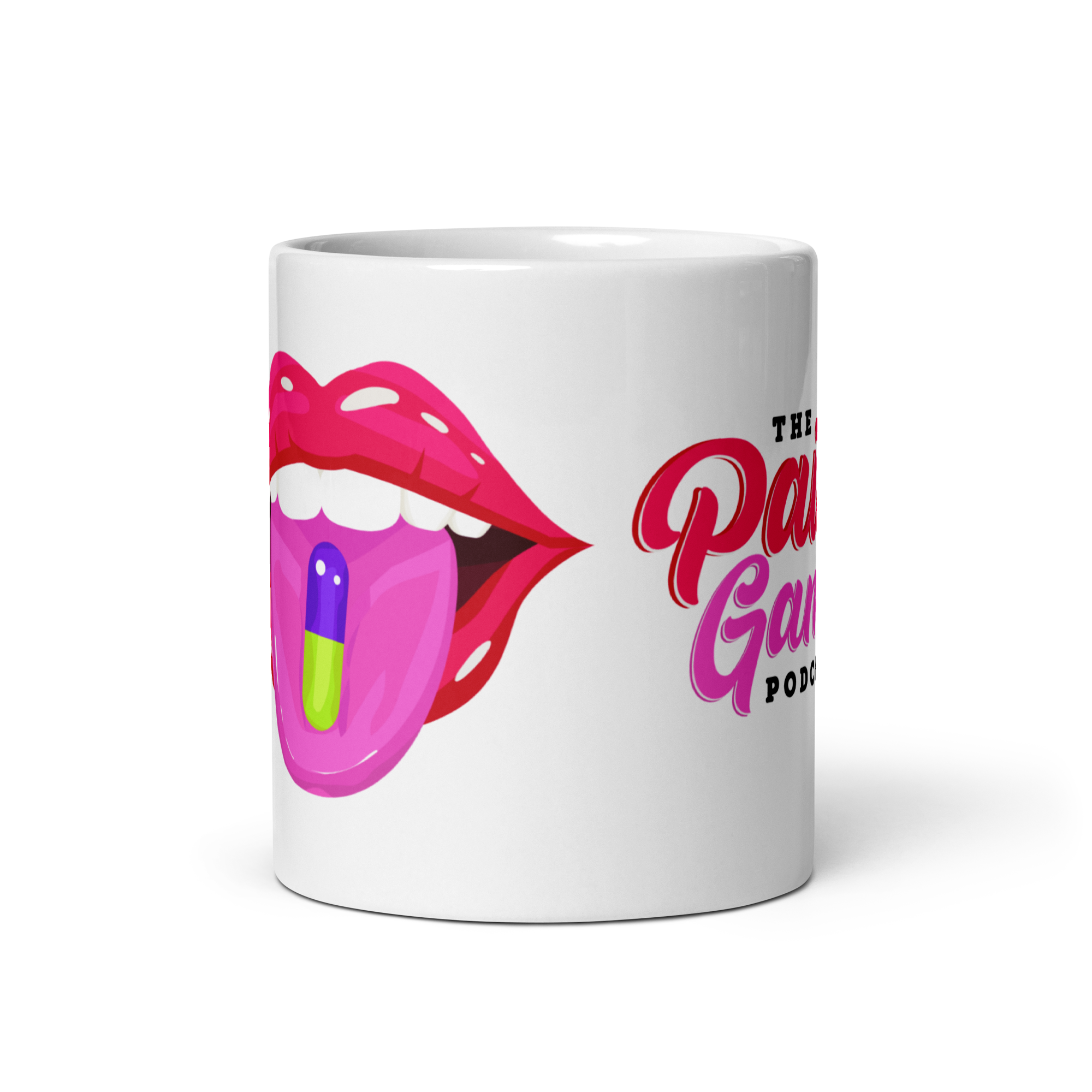 White ceramic The Pain Game Podcast mug with colorful lips logo, encouraging daily purpose and empowerment.