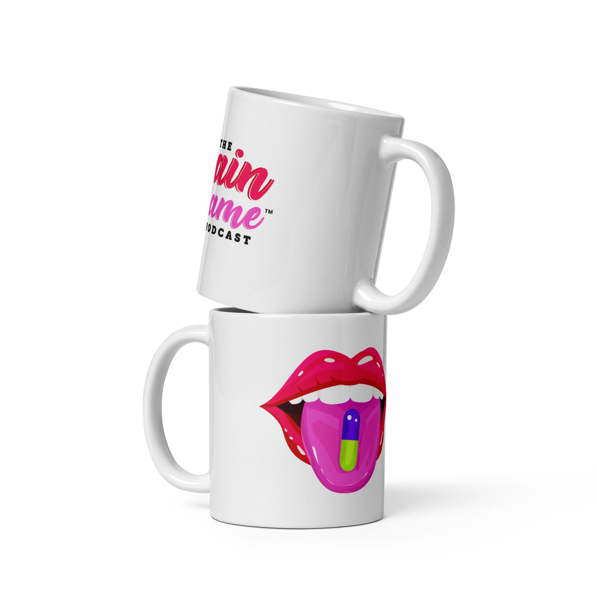 White ceramic The Pain Game Podcast mug with colorful lips logo, encouraging daily purpose and empowerment.