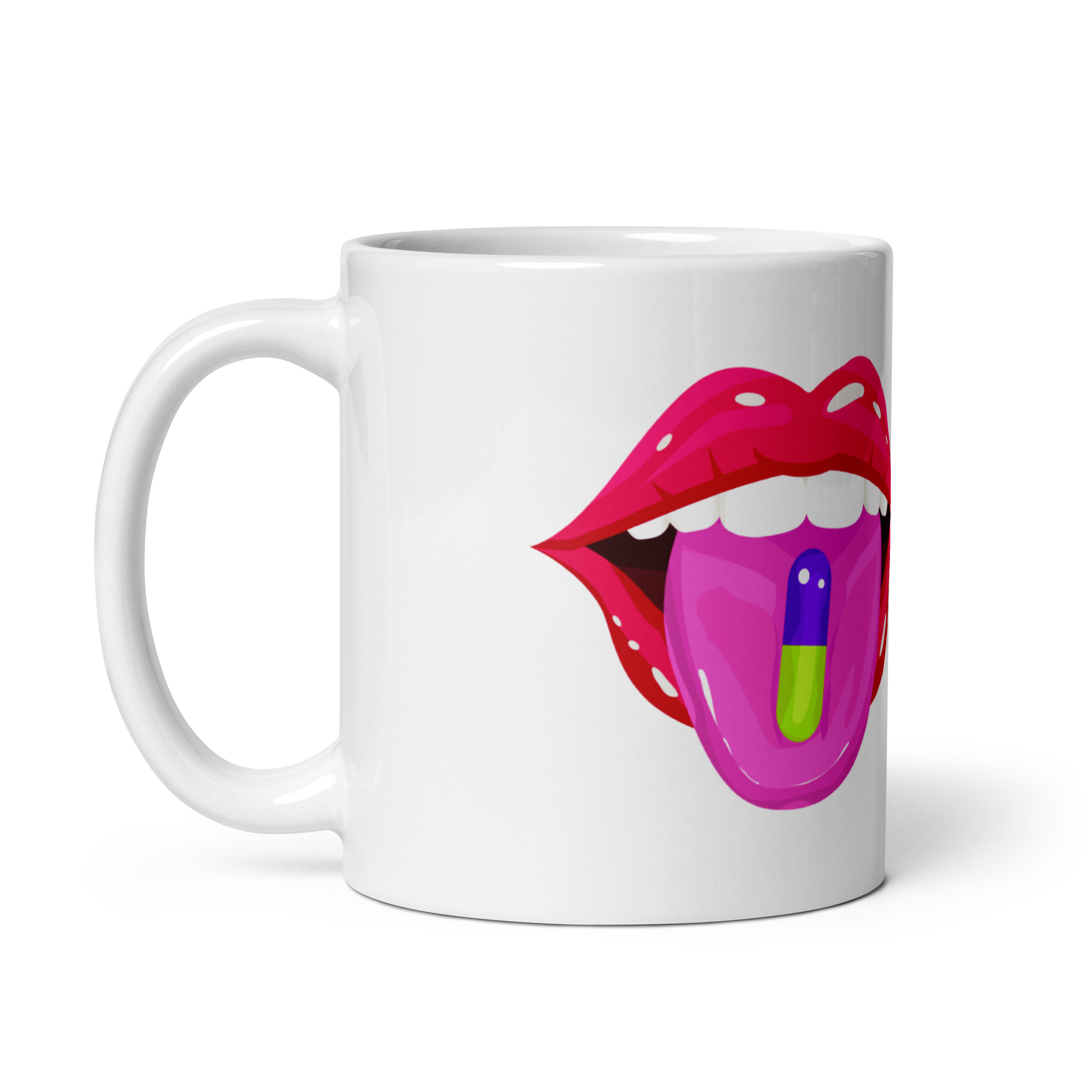 White ceramic The Pain Game Podcast mug with colorful lips logo, encouraging daily purpose and empowerment.