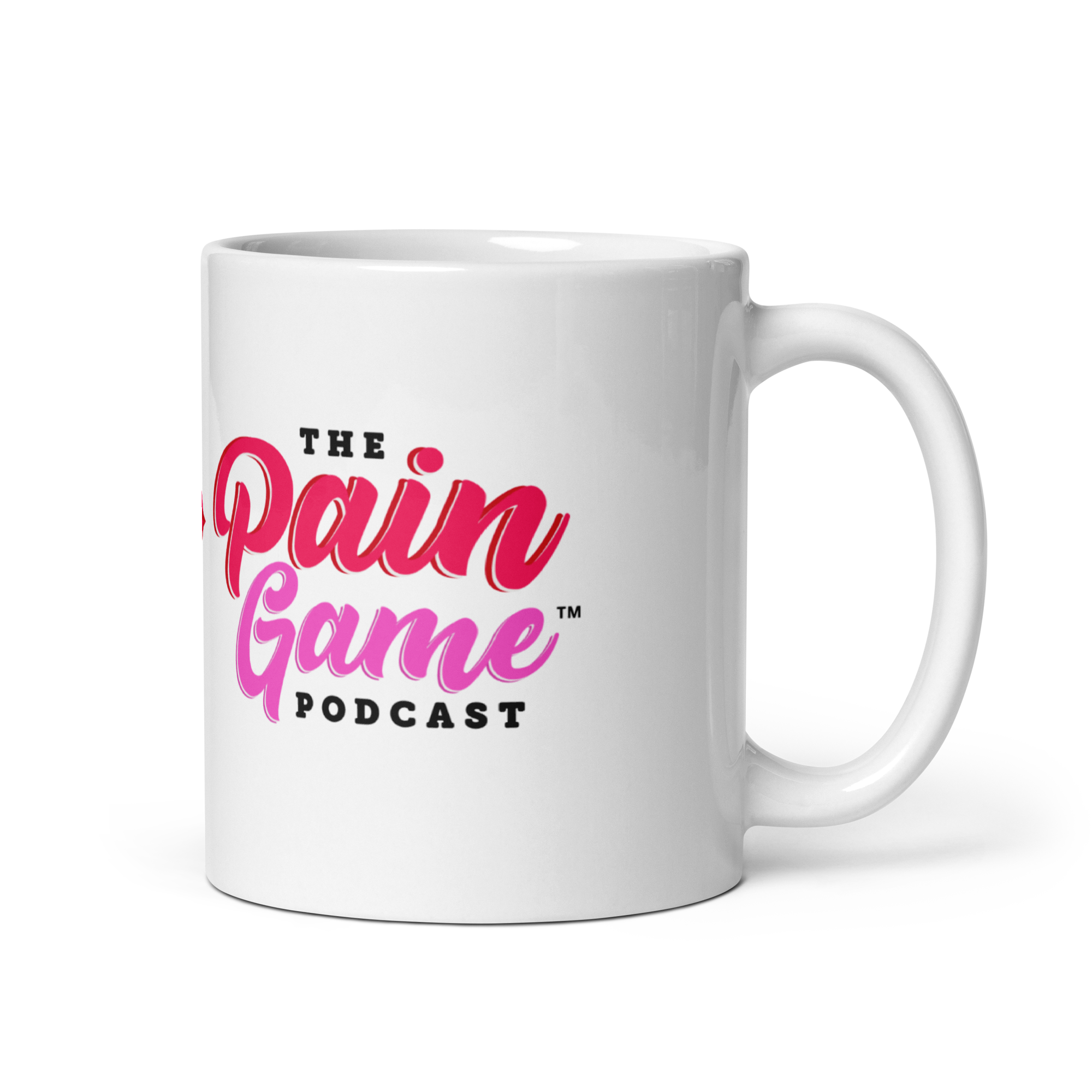 White ceramic The Pain Game Podcast mug with colorful lips logo, encouraging daily purpose and empowerment.